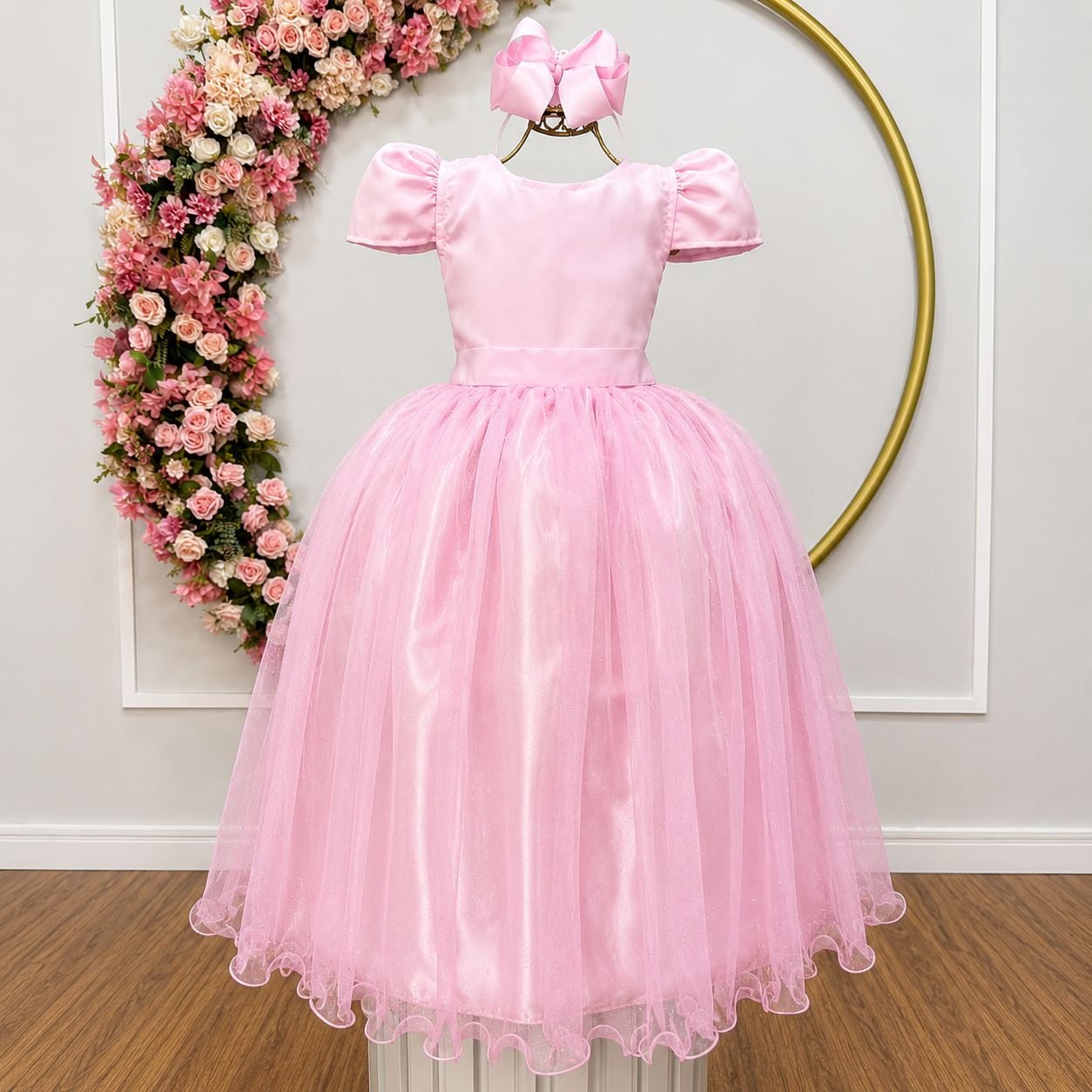 Vestido Infantil Rosa Longo de Princesa Brilhante e Mangas