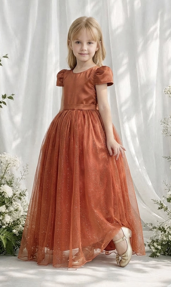 Vestido Infantil Terracota Longo de Princesa Brilhante e Mangas
