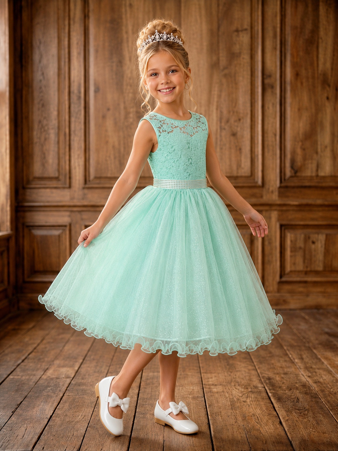 Vestido Infantil Verde Menta Renda e Tule Brilho Damas