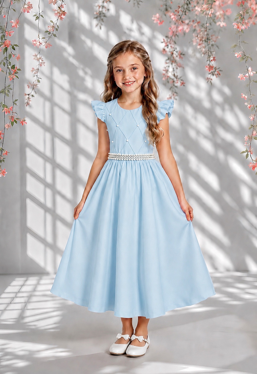 Vestido Longo Daminhas, Infantil Azul Claro em Poliéster Busto Nervura Daminhas