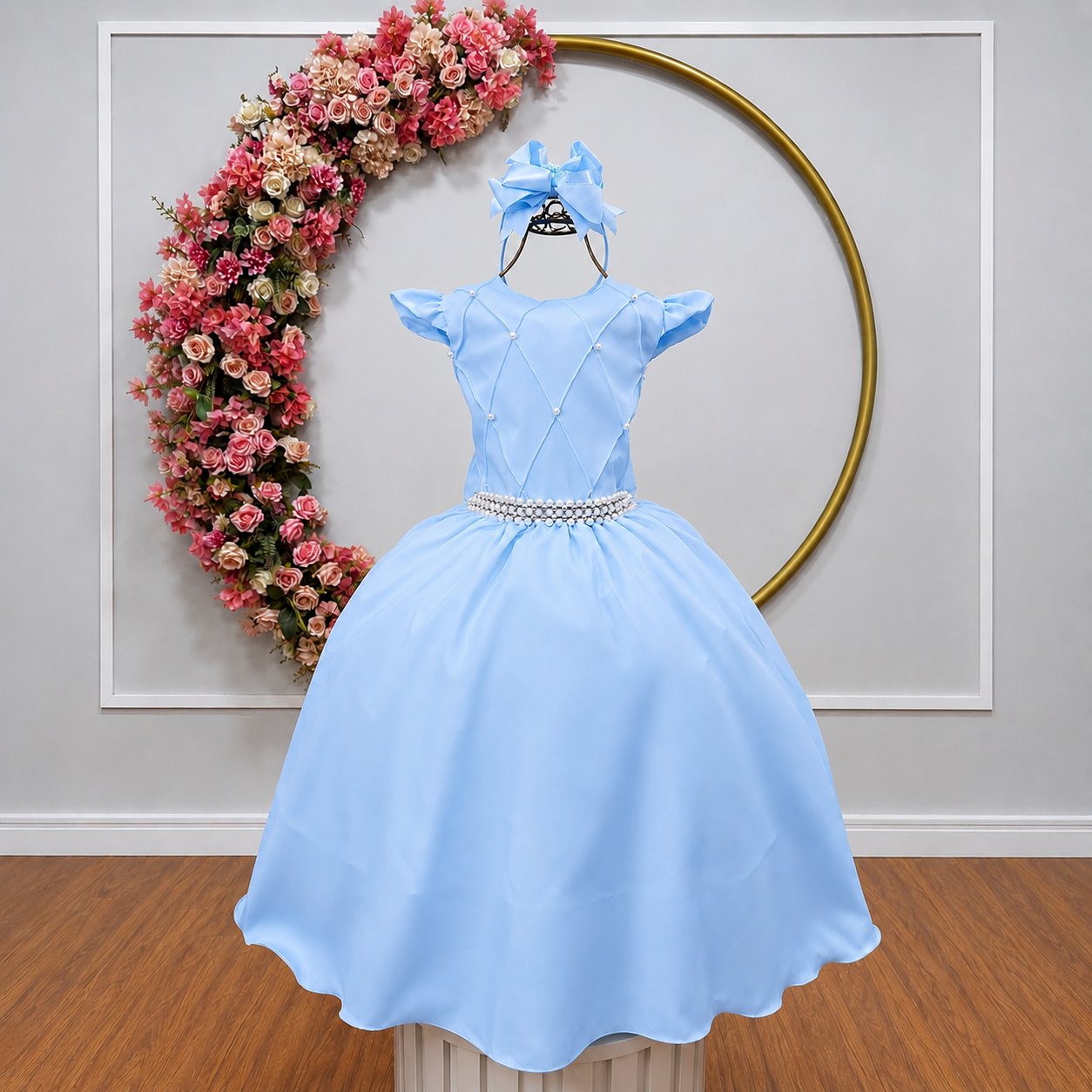 Vestido Longo Daminhas, Infantil Azul Claro em Poliéster Busto Nervura Daminhas
