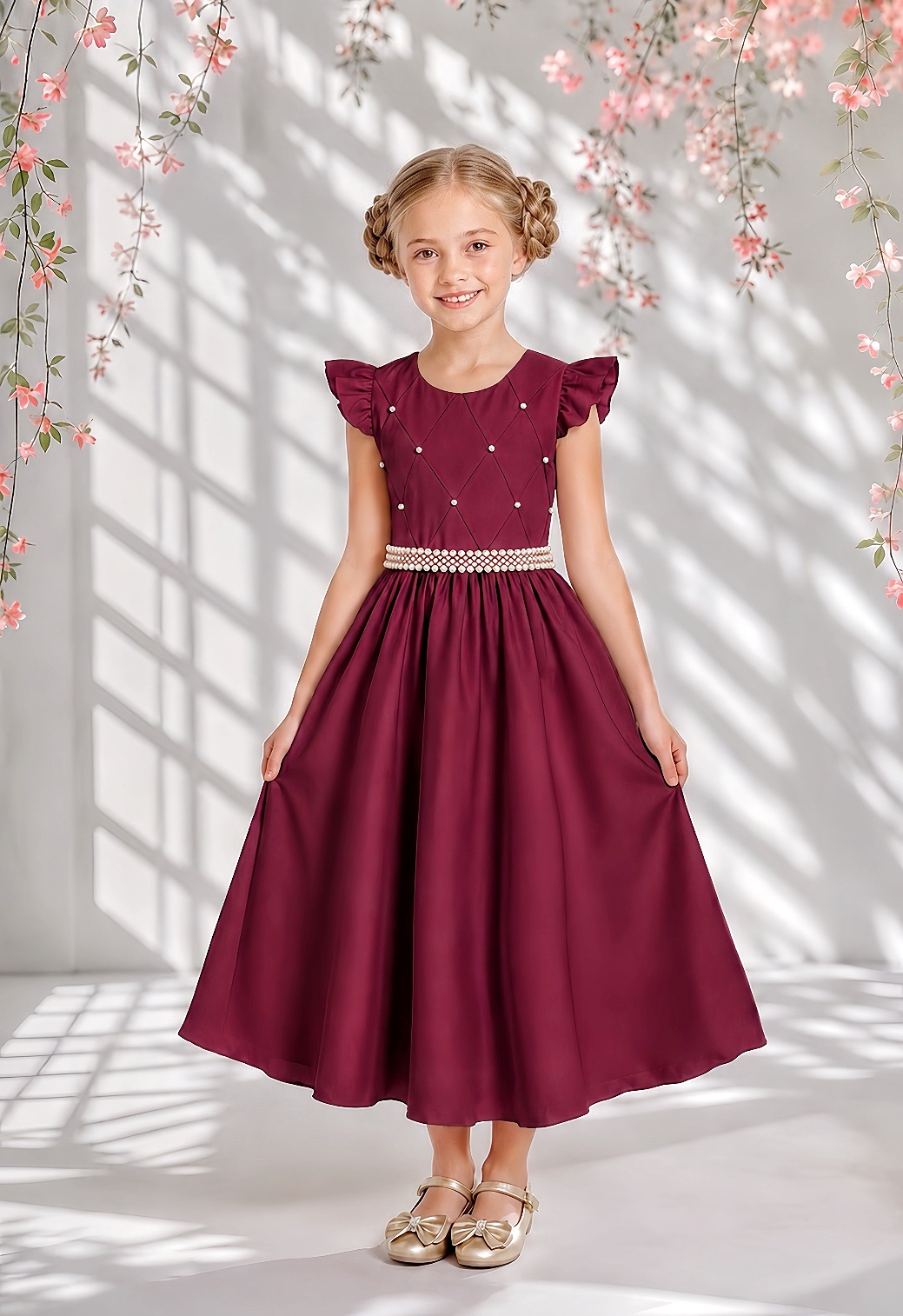Vestido Longo Daminhas, Infantil Marsala em Poliéster, Nervura com Pérolas Cinto Luxo