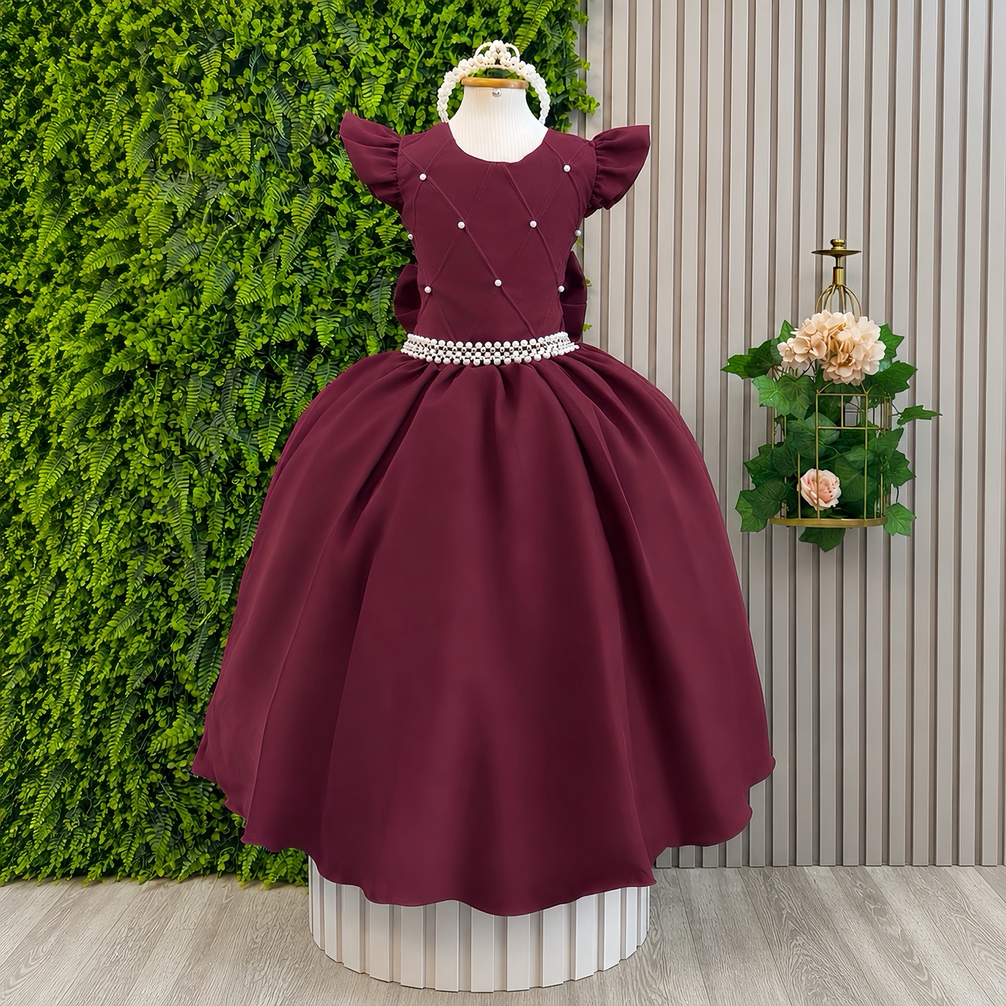 Vestido Longo Daminhas, Infantil Marsala em Poliéster, Nervura com Pérolas Cinto Luxo