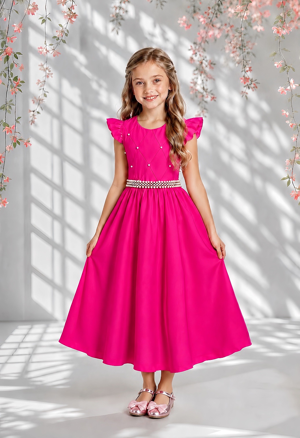 Vestido Longo Daminhas, Infantil Pink em Poliéster, Nervura com Pérolas Cinto Luxo