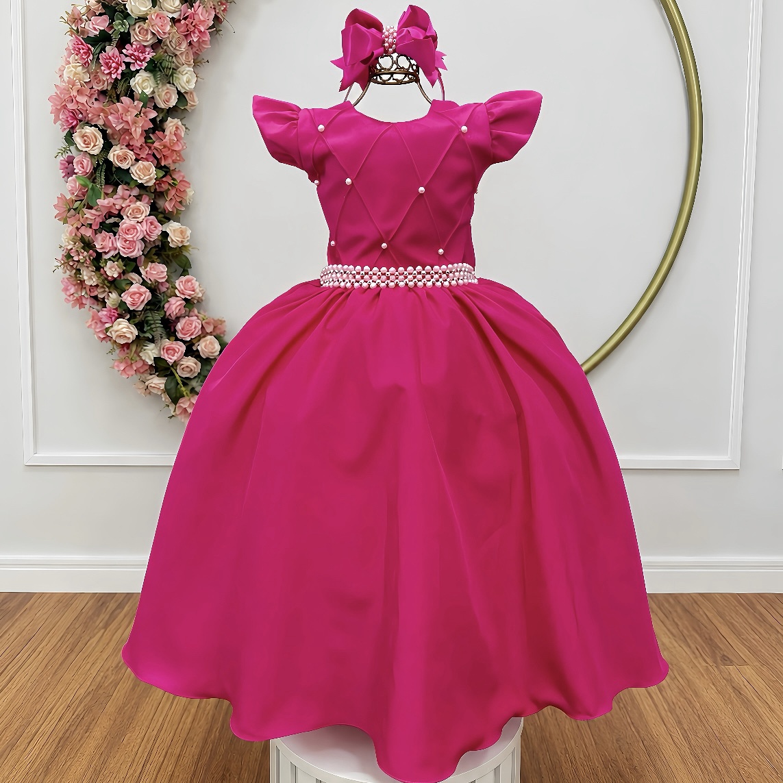 Vestido Longo Daminhas, Infantil Pink em Poliéster, Nervura com Pérolas Cinto Luxo