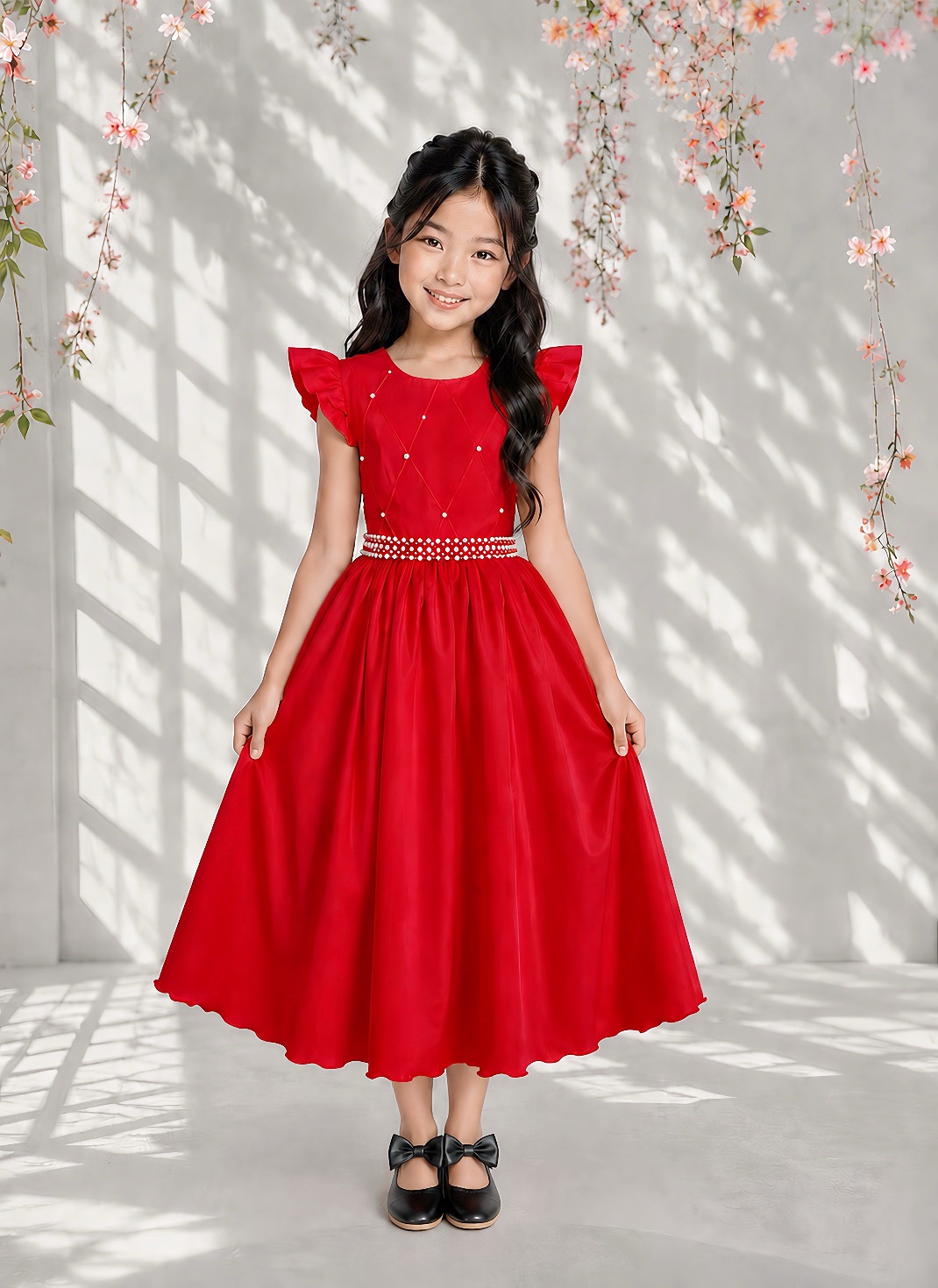 Vestido Longo Daminhas, Infantil Vermelho em Poliéster, Nervura com Pérolas Cinto Luxo