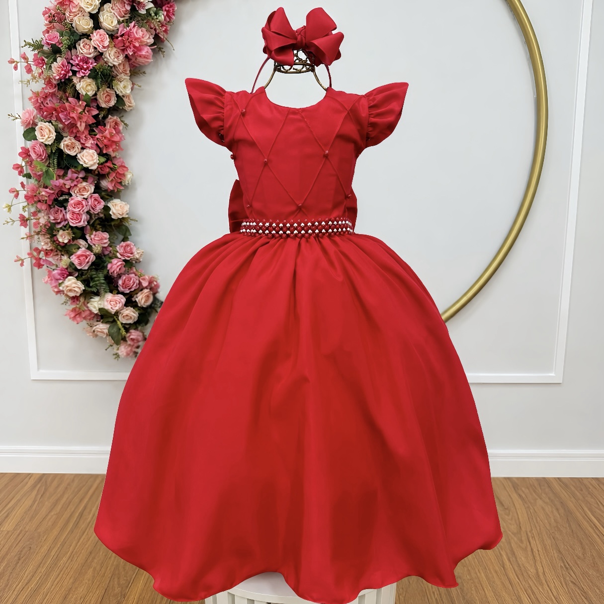 Vestido Longo Daminhas, Infantil Vermelho em Poliéster, Nervura com Pérolas Cinto Luxo
