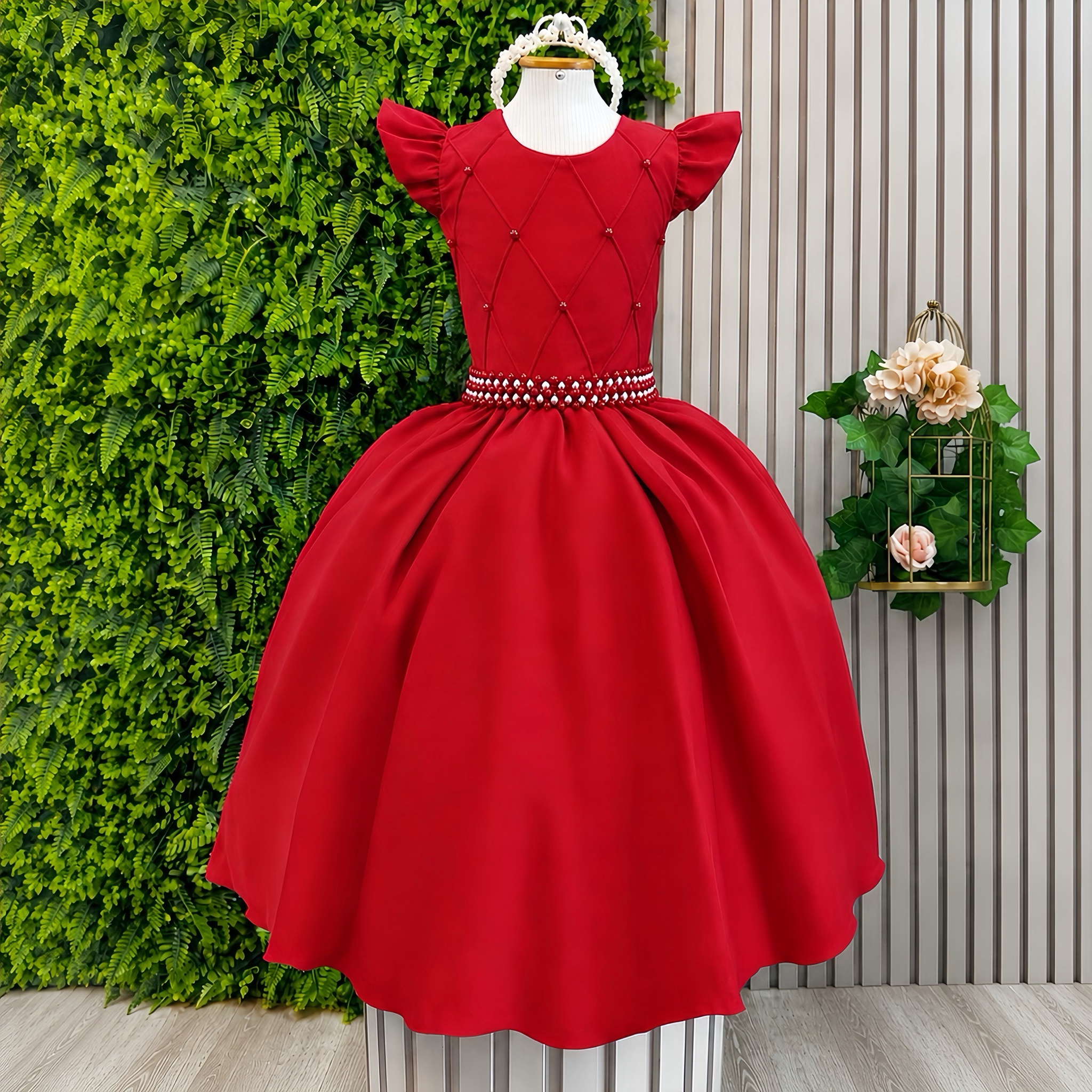 Vestido Longo Daminhas, Infantil Vermelho em Poliéster, Nervura com Pérolas Cinto Luxo