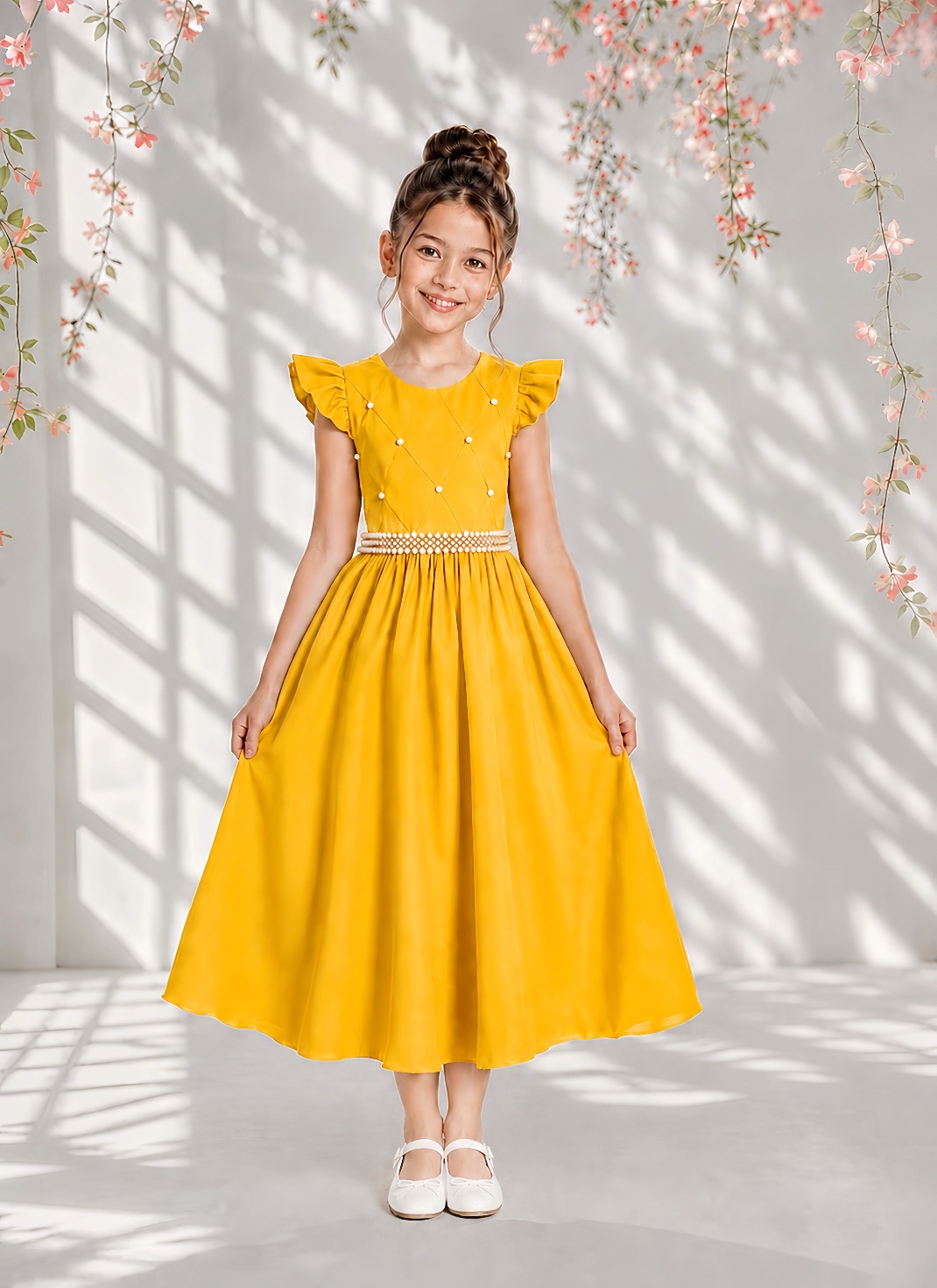 Vestido Longo Infantil Amarelo Ouro Daminha Nervura Pérolas Cinto Luxo