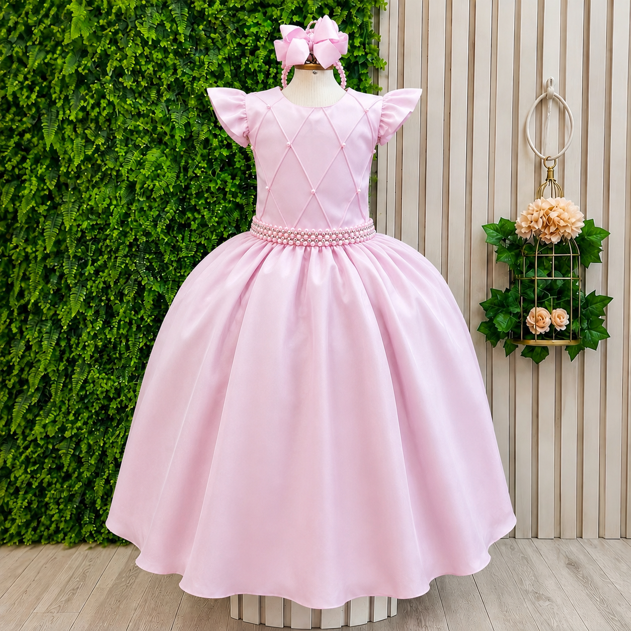 Vestido Longo Infantil Rosa Bebê Daminha Nervura Pérolas Cinto Luxo