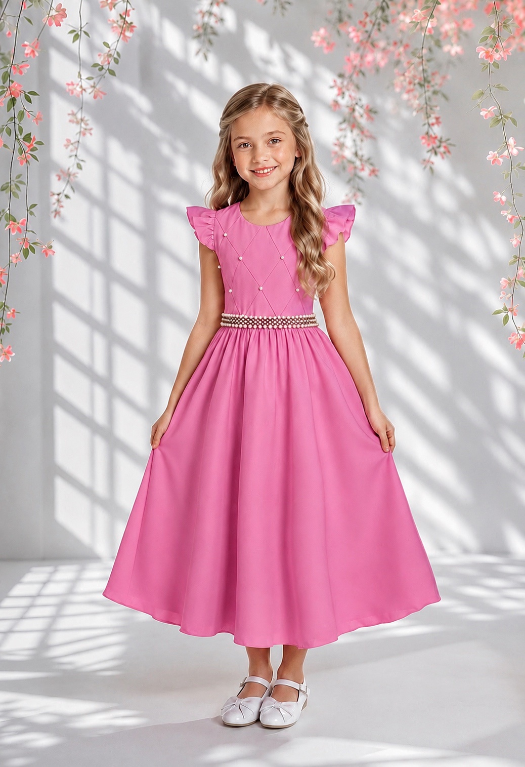 Vestido Longo Infantil Rosa Chiclete Daminha Nervura Pérolas Cinto Luxo