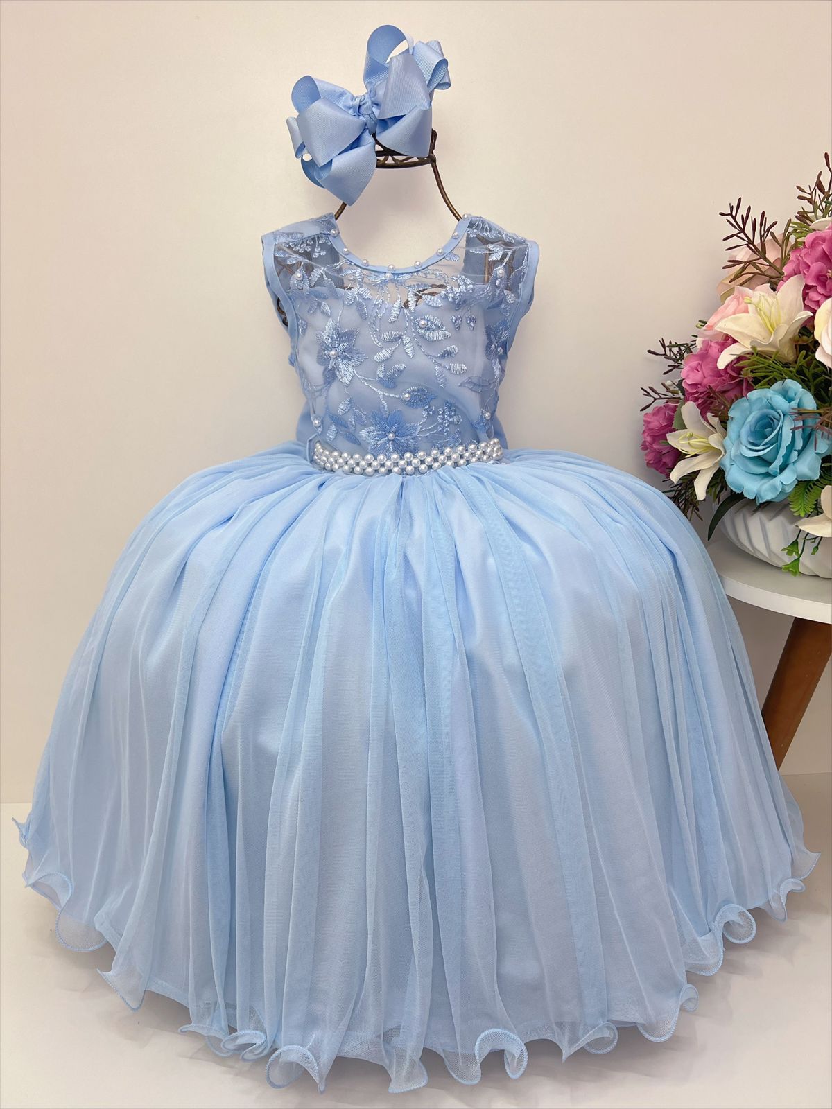 Vestido Infantil Azul C/ Renda Cinto de Pérolas Damas Luxo
