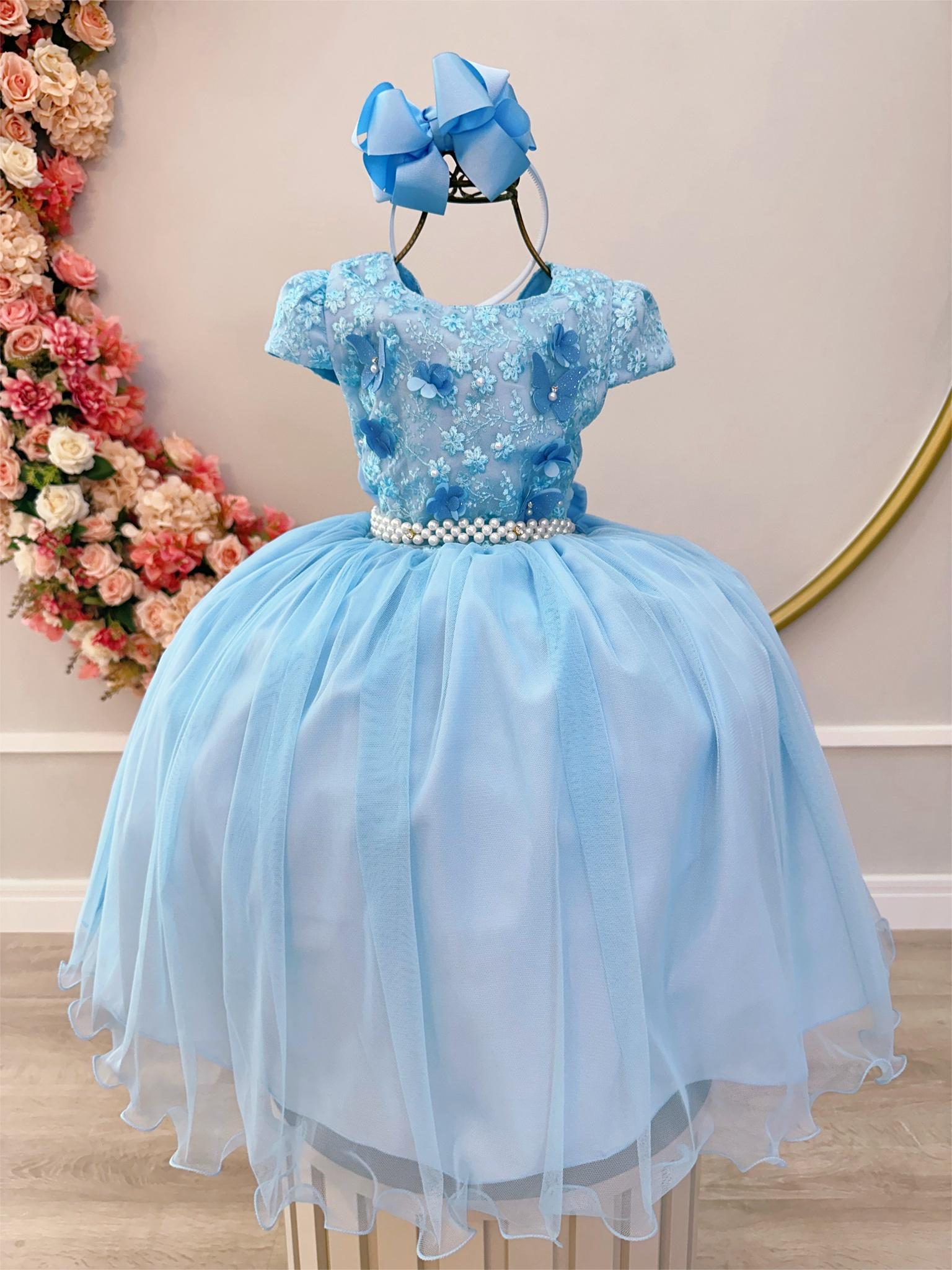 Vestido Infantil Azul Damas C/ Renda e Aplique Borboletas