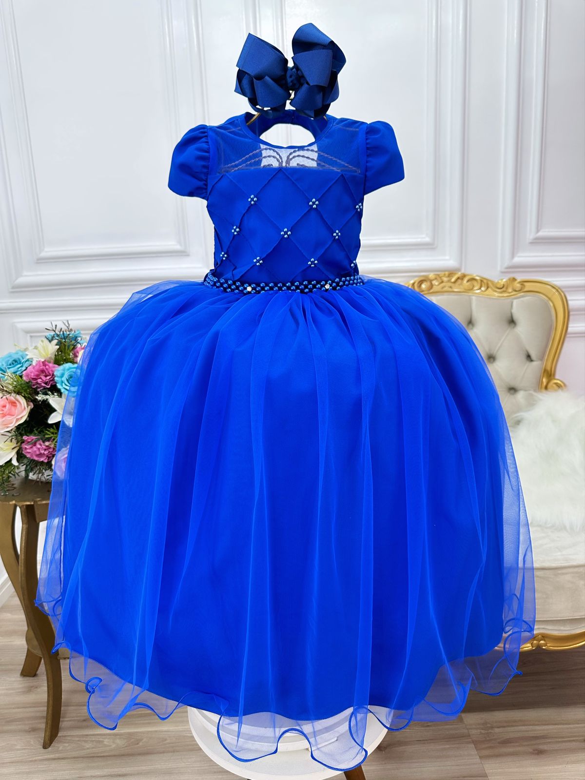 Vestido Infantil Azul Royal C/ Busto Nervura e Pérolas Damas