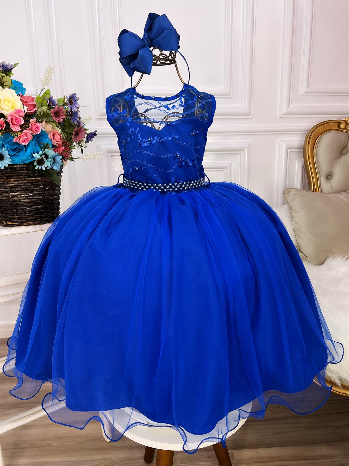Vestido Infantil Azul Royal C/ Renda Cinto de Pérolas Damas