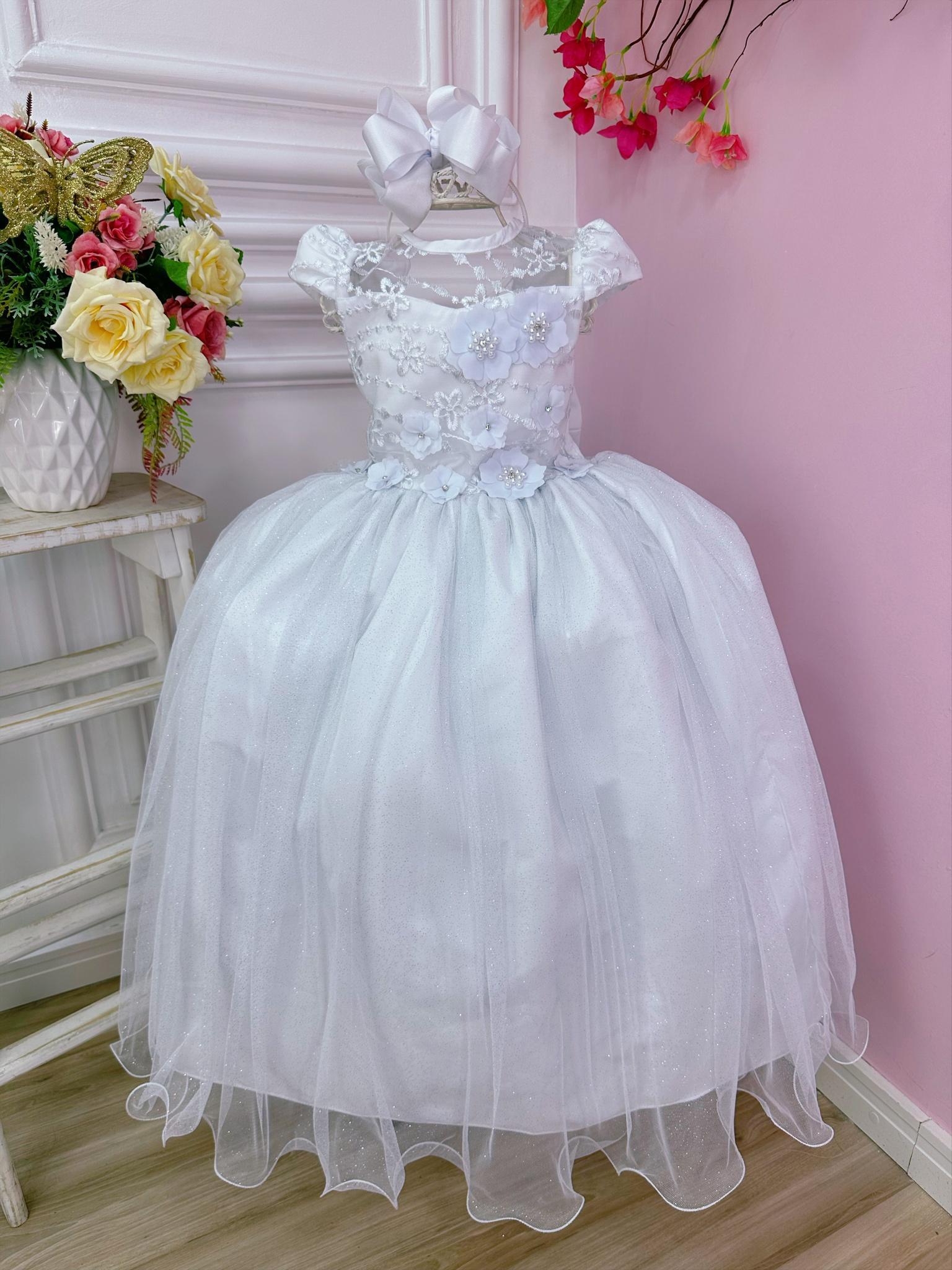 Vestido Infantil Branco C/ Aplique Flores e Renda Damas Luxo