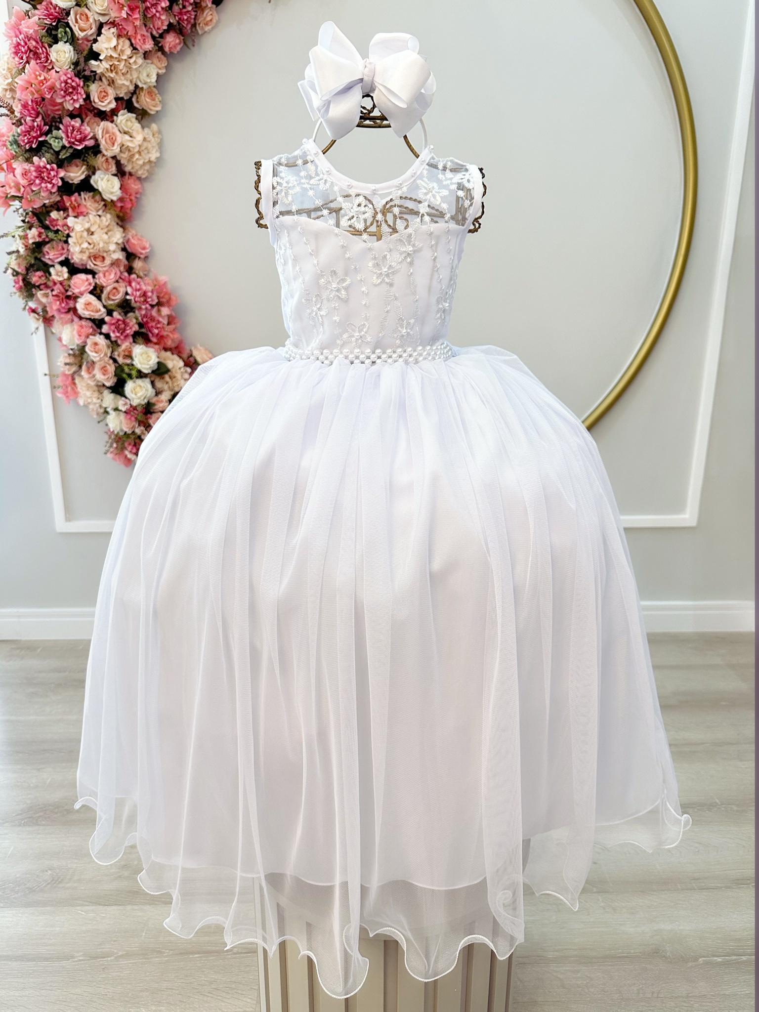 Vestido Infantil Branco C/ Renda e Cinto de Pérolas Damas