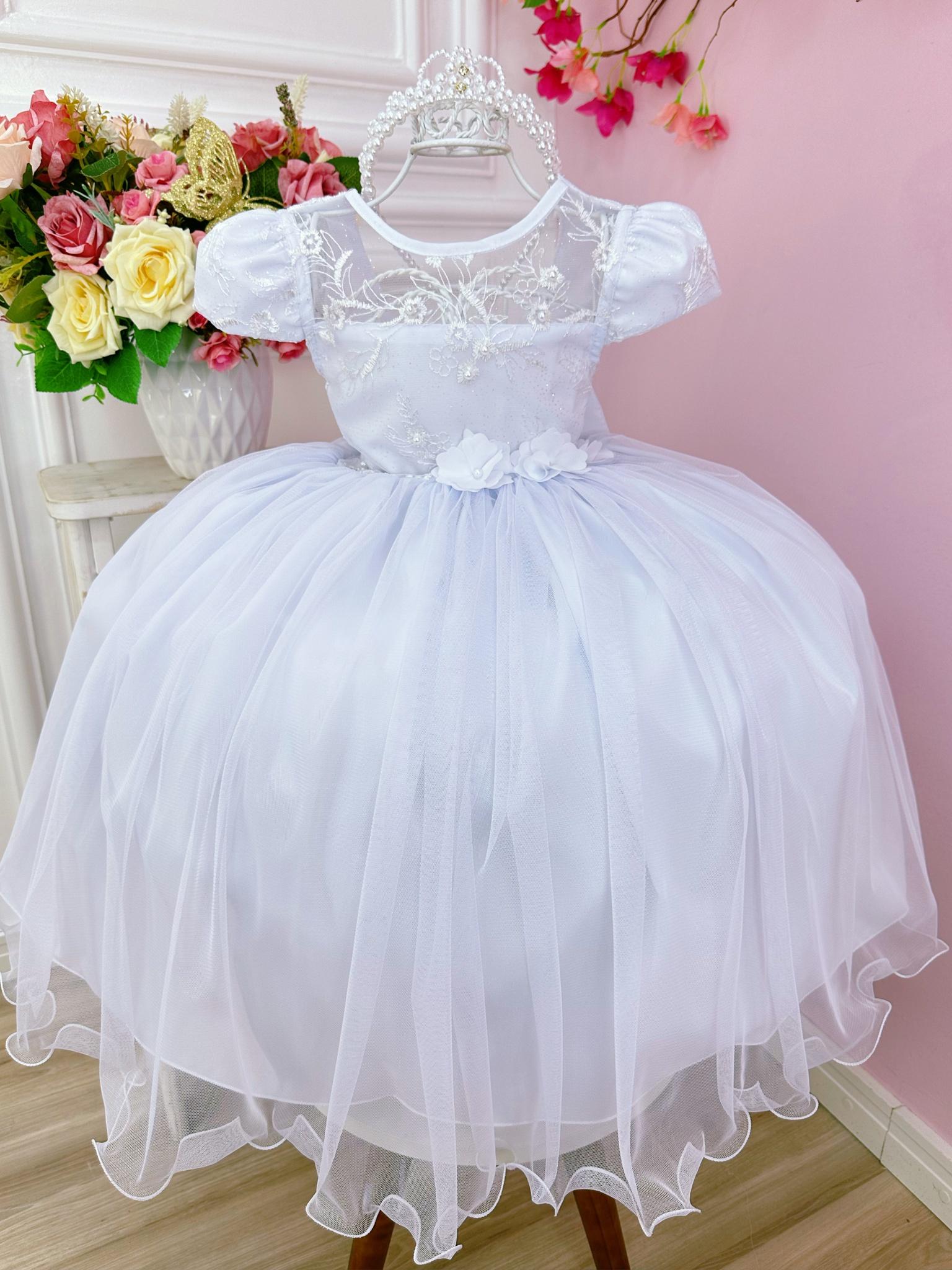 Vestido Infantil Branco Damas C/ Renda e Aplique de Flores