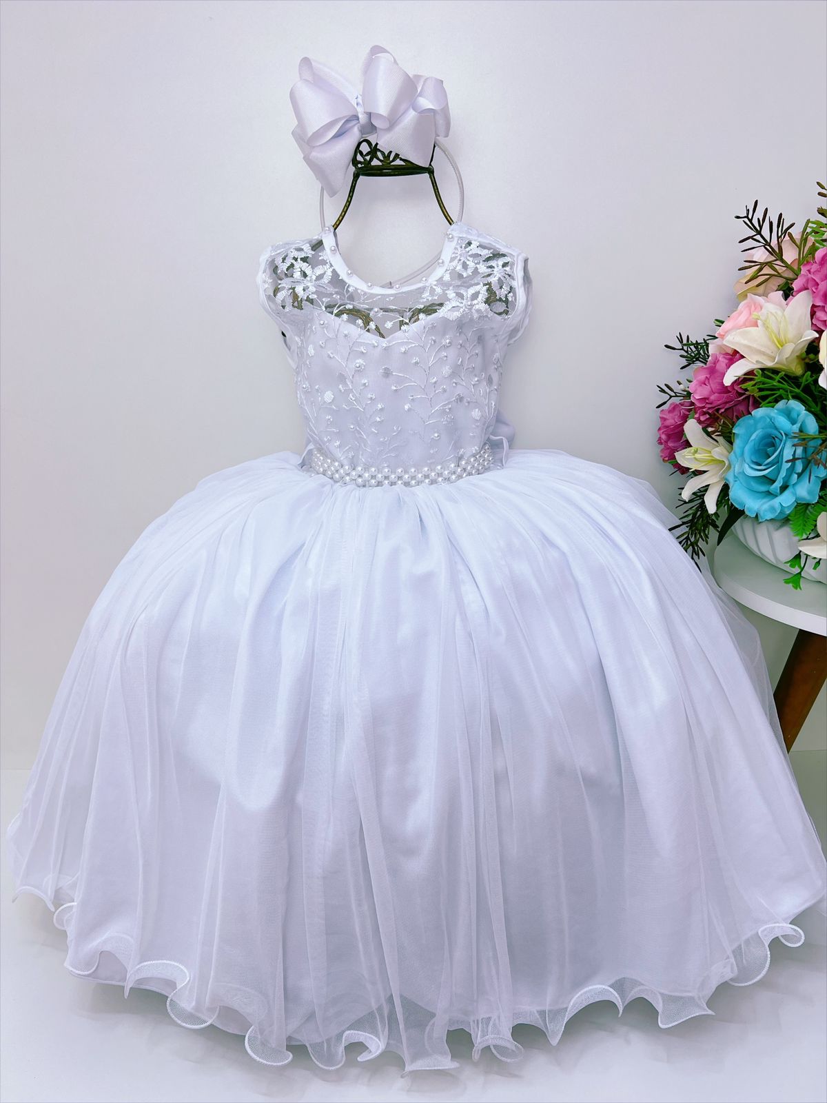 Vestido Infantil Branco Renda de Luxo Cinto de Pérolas Damas