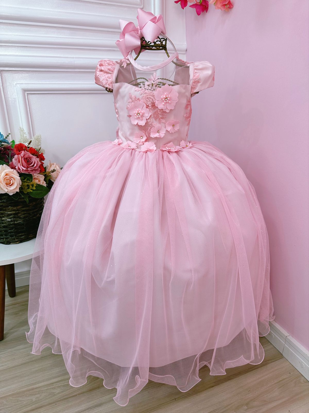 Vestido Infantil Rosa C/ Aplique Flores e Renda Damas Luxo