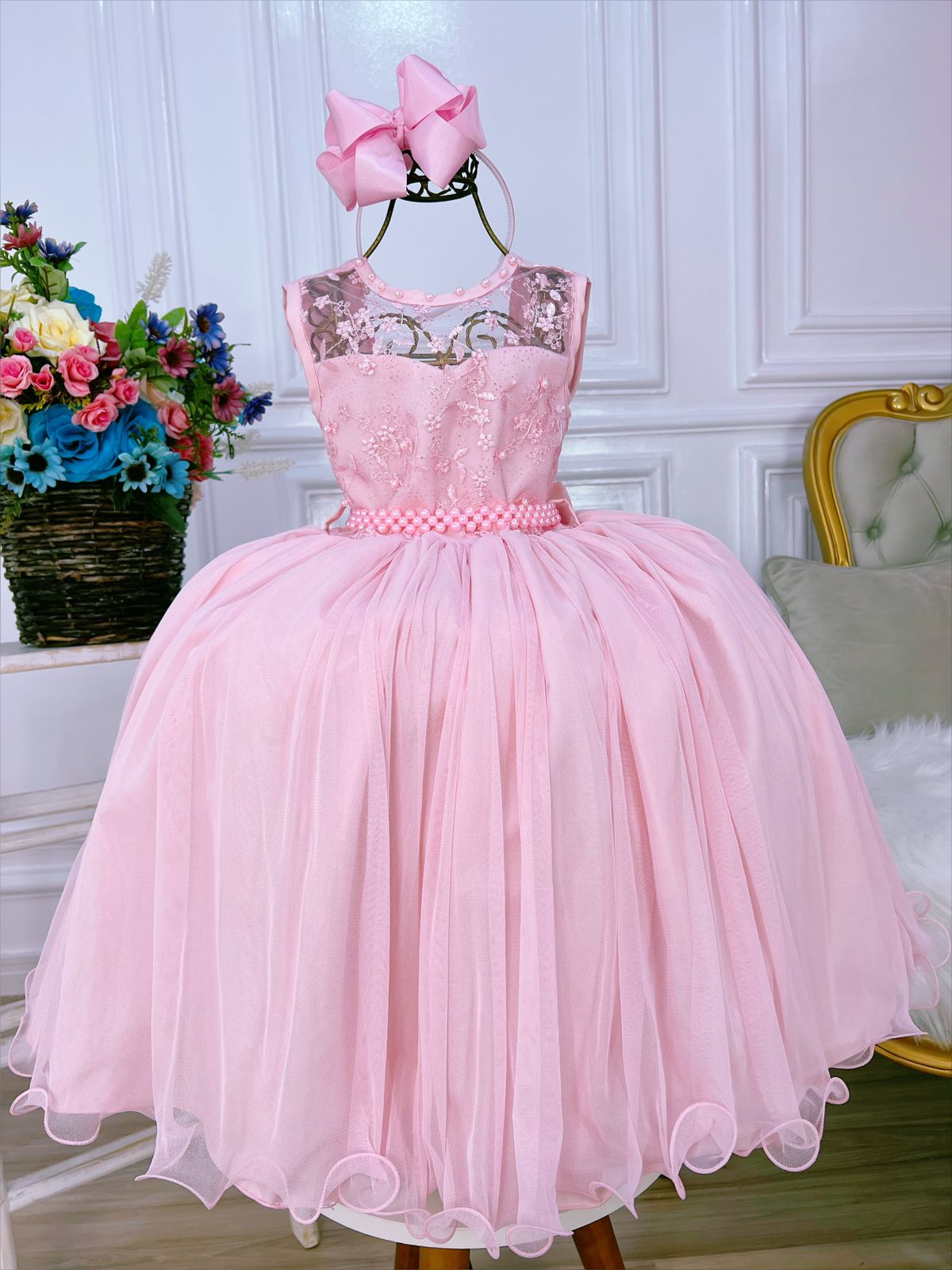 Vestido Infantil Rosa C/ Renda e Cinto de Pérolas Damas Luxo