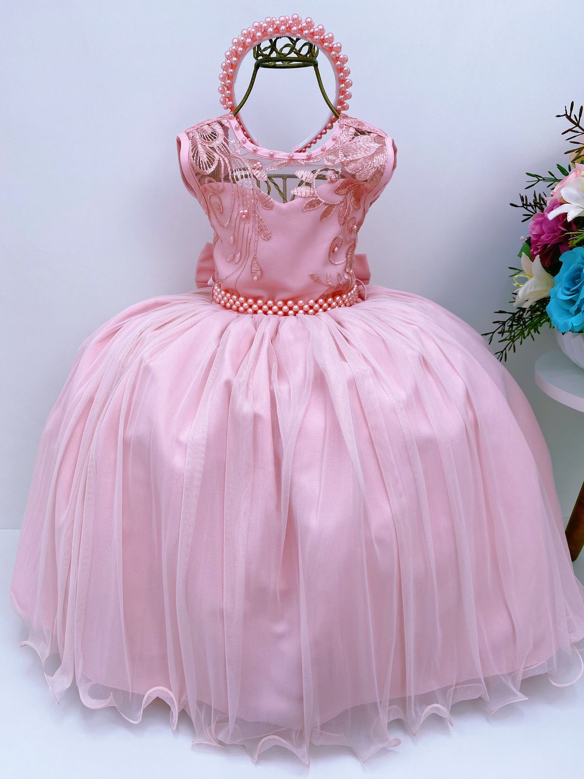 Vestido Infantil Rosa Renda Aplique de Pérolas Luxo Damas