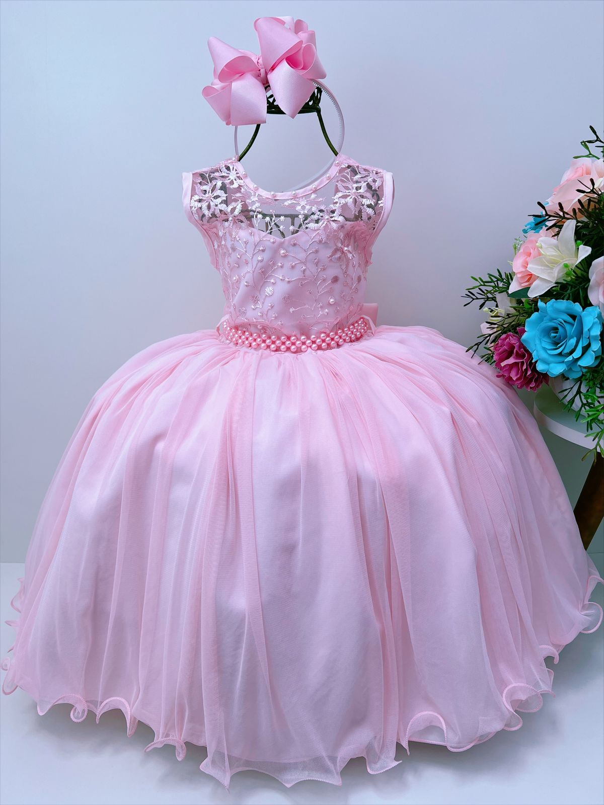 Vestido Infantil Rosa Renda de Luxo Cinto de Pérolas Damas