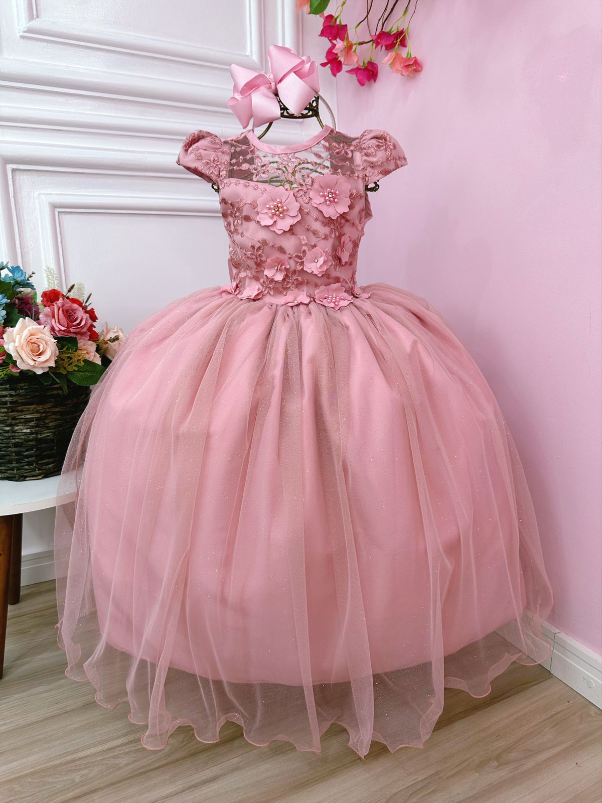 Vestido Infantil Rose C/ Aplique Flores e Renda Damas Luxo