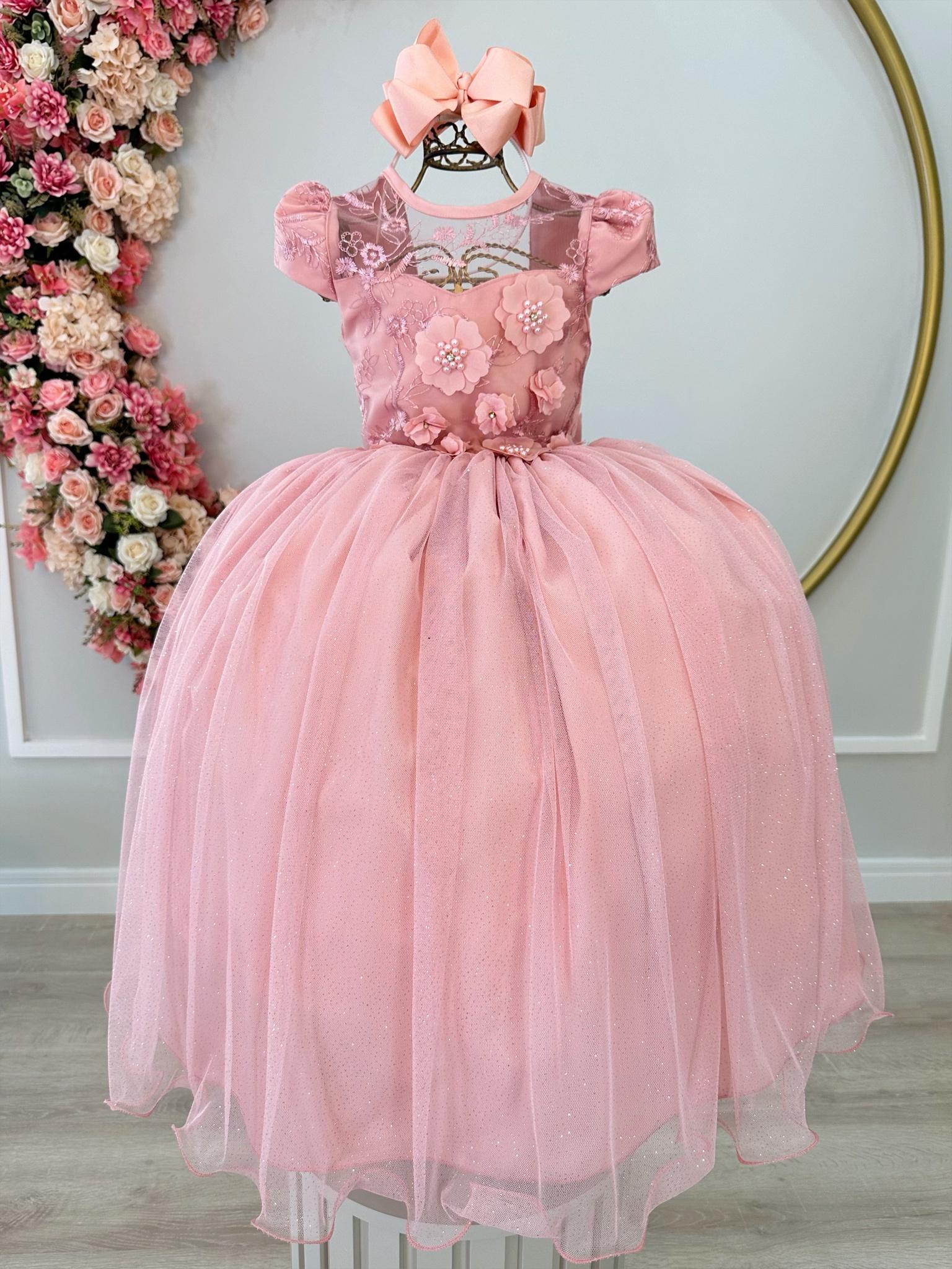 Vestido Infantil Rose C/ Aplique Flores e Renda Luxo Damas