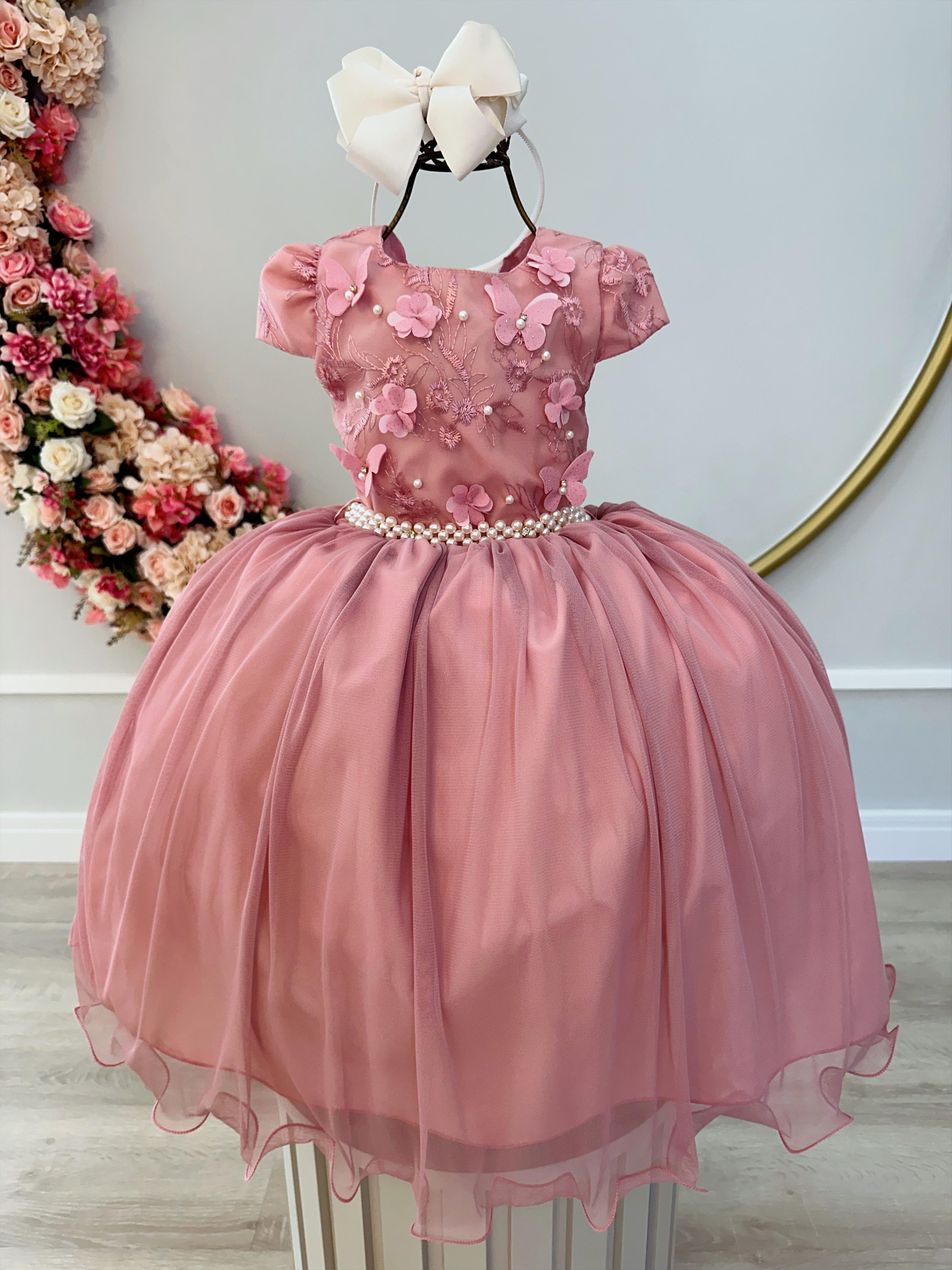Vestido Infantil Rose Damas C/ Renda e Aplique Borboletas