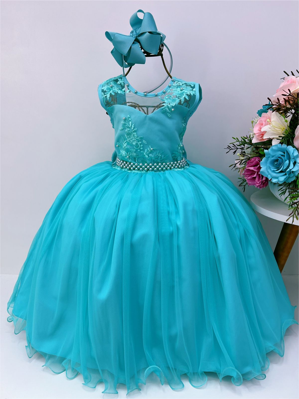 Vestido Infantil Verde Renda Aplique de Pérolas Damas Luxo