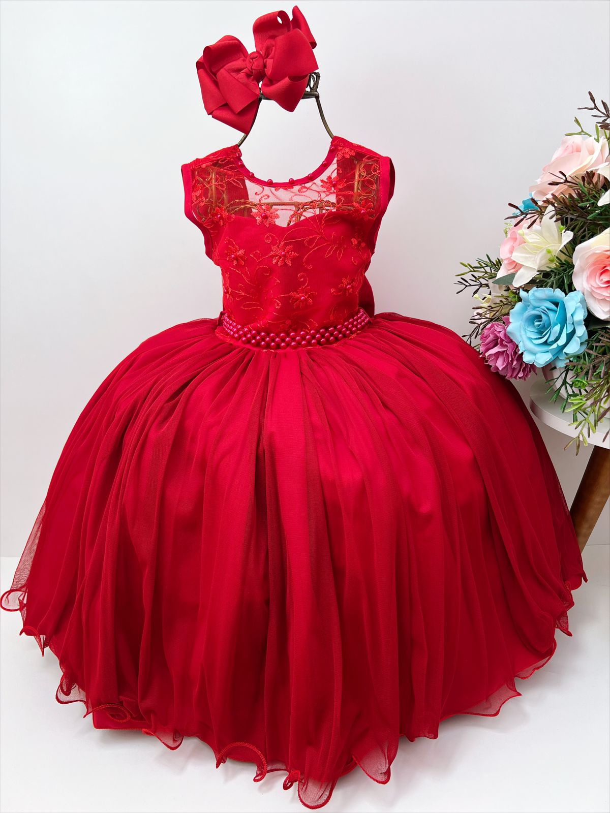 Vestido Infantil Vermelho Com Renda e Pérolas Damas Luxo