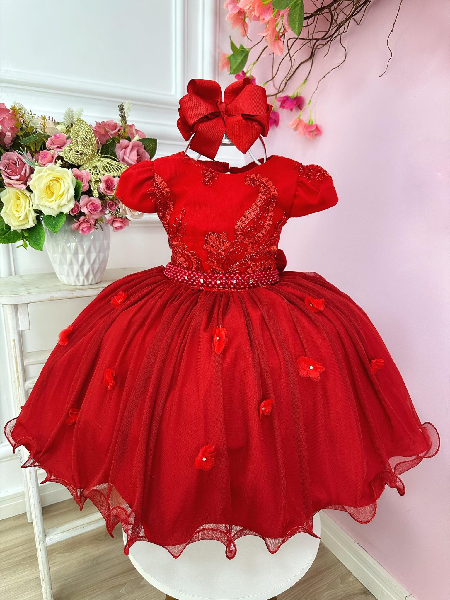 Vestido Infantil Vermelho Com Renda Pérolas Luxo Damas