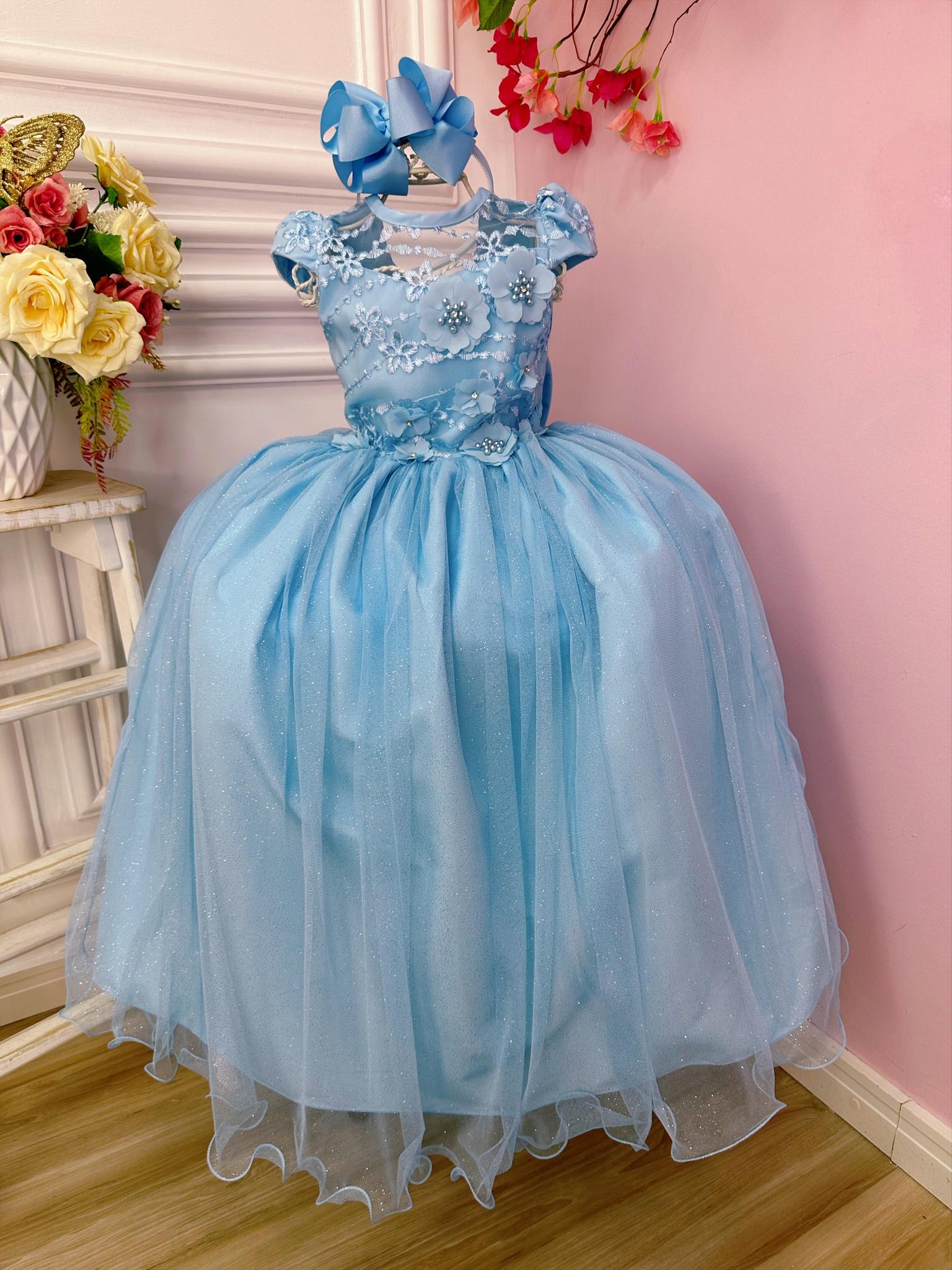 Vestido Infantil Azul C/ Aplique Flores e Renda Damas Luxo