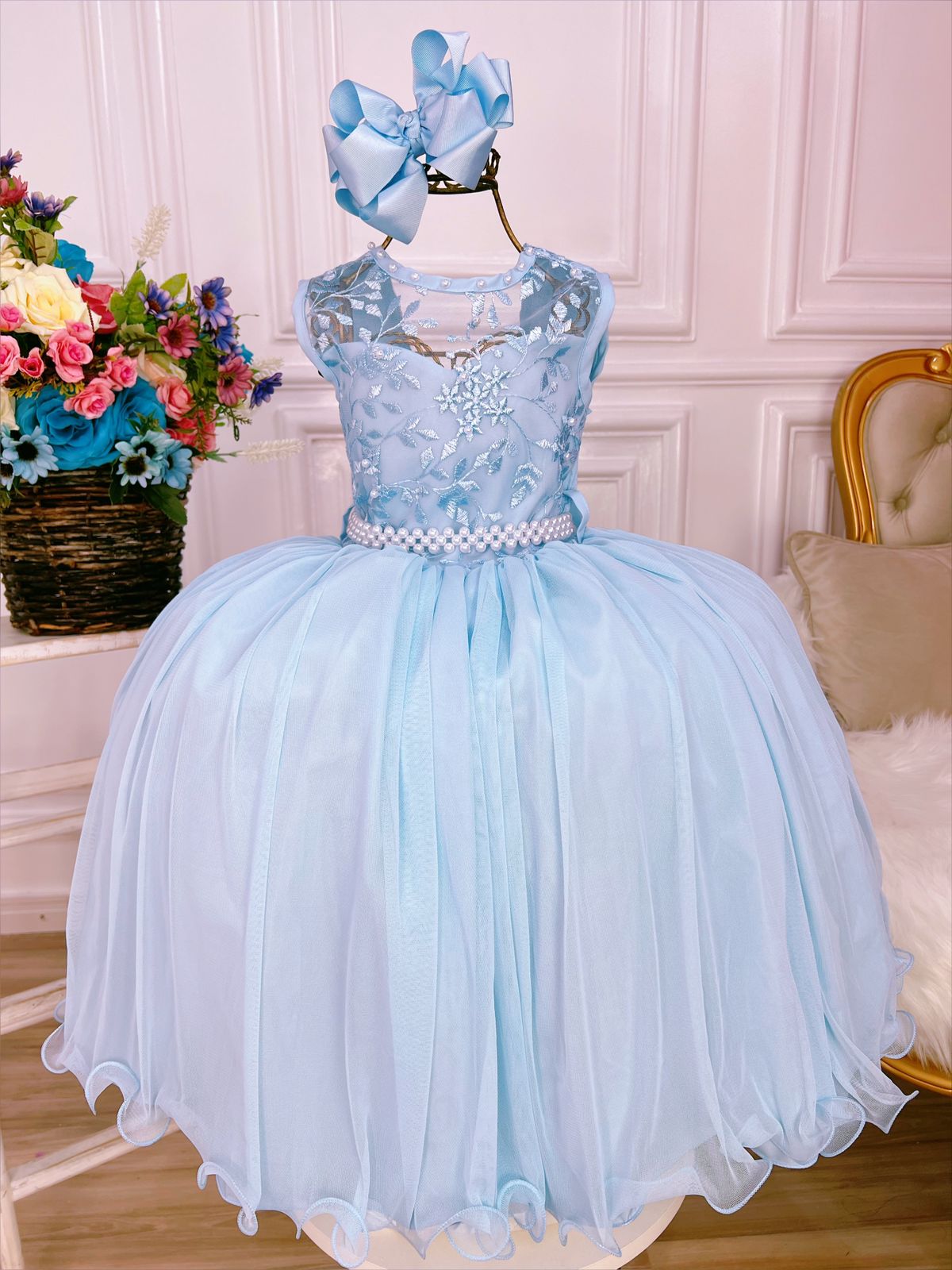 Vestido Infantil Azul C/ Renda e Cinto de Pérolas Damas Luxo
