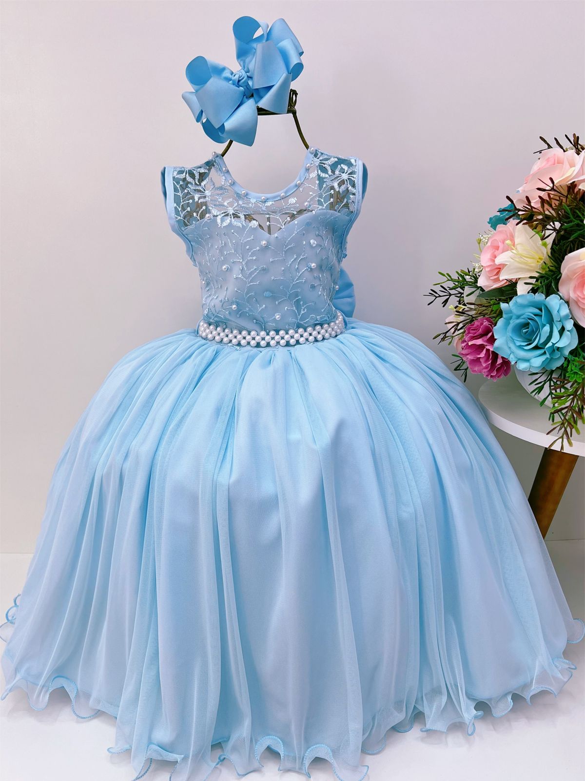 Vestido Infantil Azul Renda Aplique de Pérolas Damas Luxo