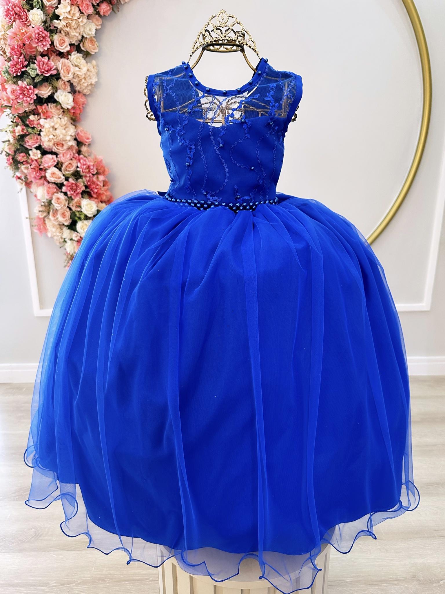 Vestido Infantil Azul Royal Damas C/ Renda Cinto de Pérolas