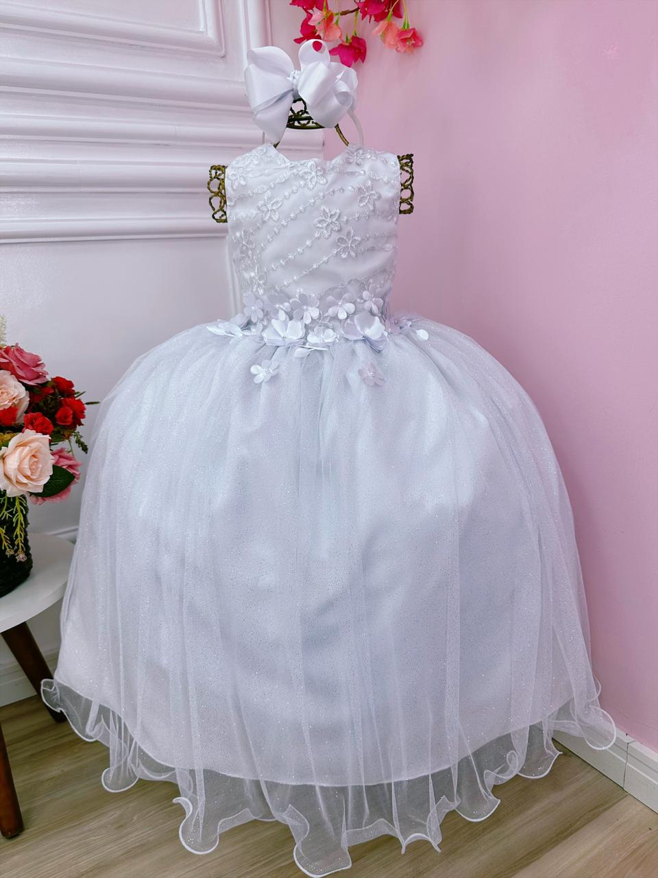 Vestido Infantil Branco C/ Renda e Aplique de Flores Damas