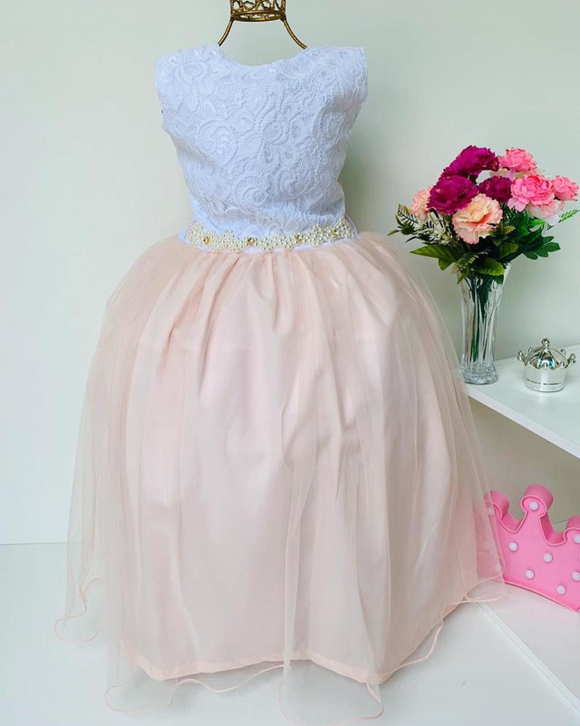 Vestido Infantil Branco e Nude Renda de Luxo Cinto Pérolas