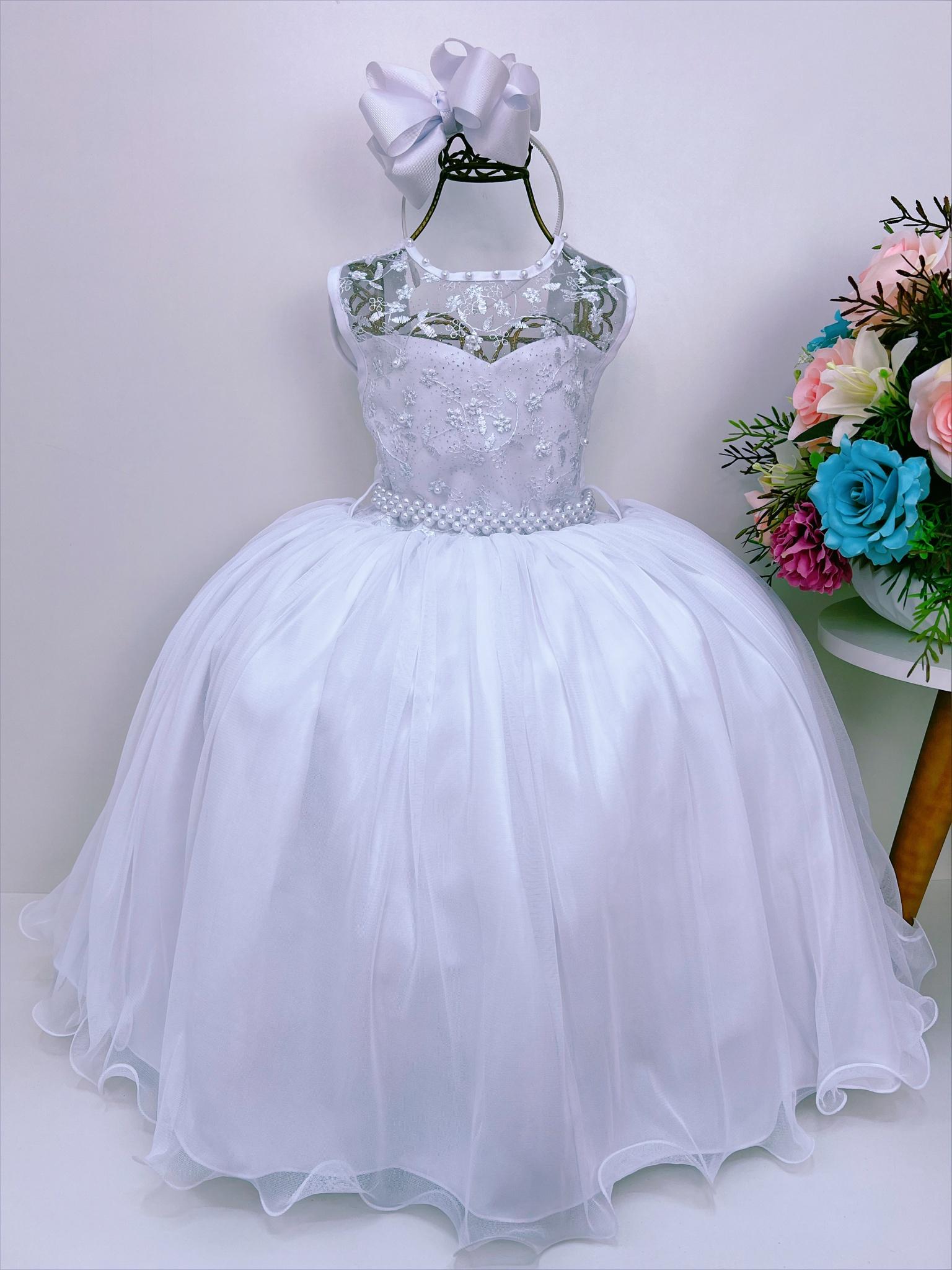Vestido Infantil Branco Renda de Luxo Cinto Pérolas Damas