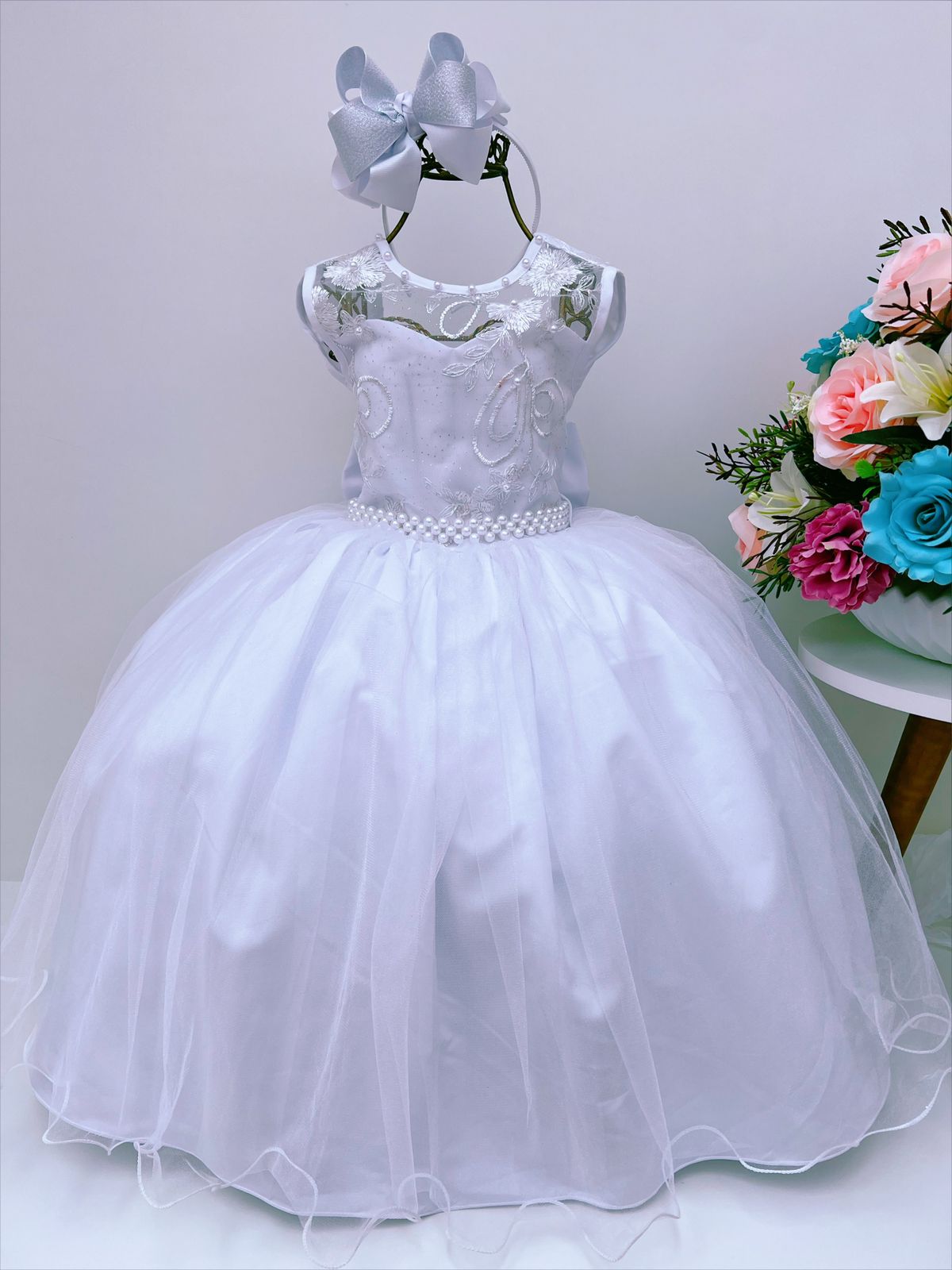 Vestido Infantil Branco Renda de Luxo e Pérolas Damas