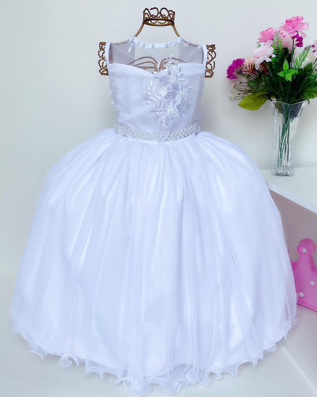 Vestido Infantil Branco Renda Luxo e Pérolas Damas