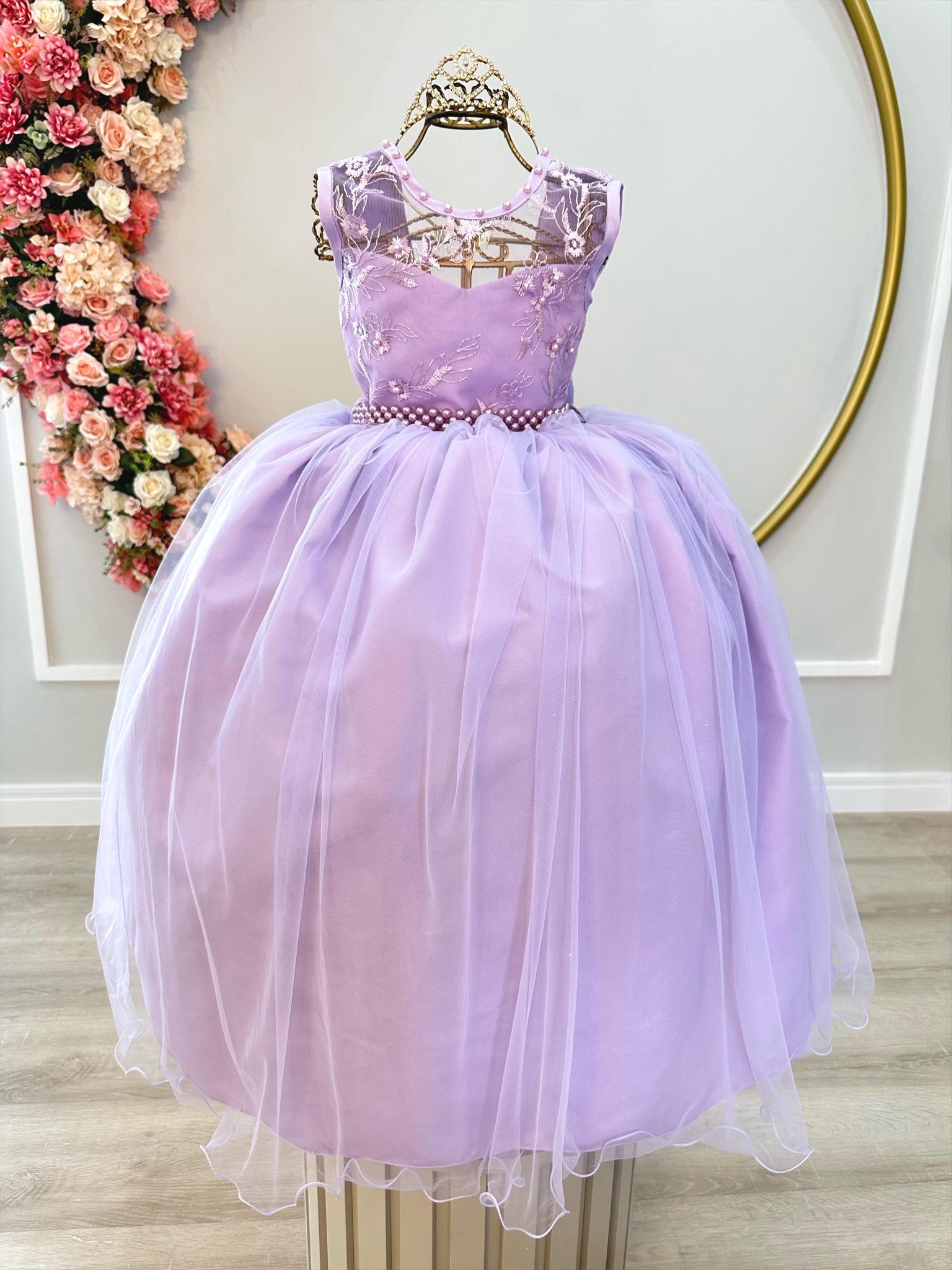 Vestido Infantil Lilás C/ Renda Damas e Cinto de Pérolas