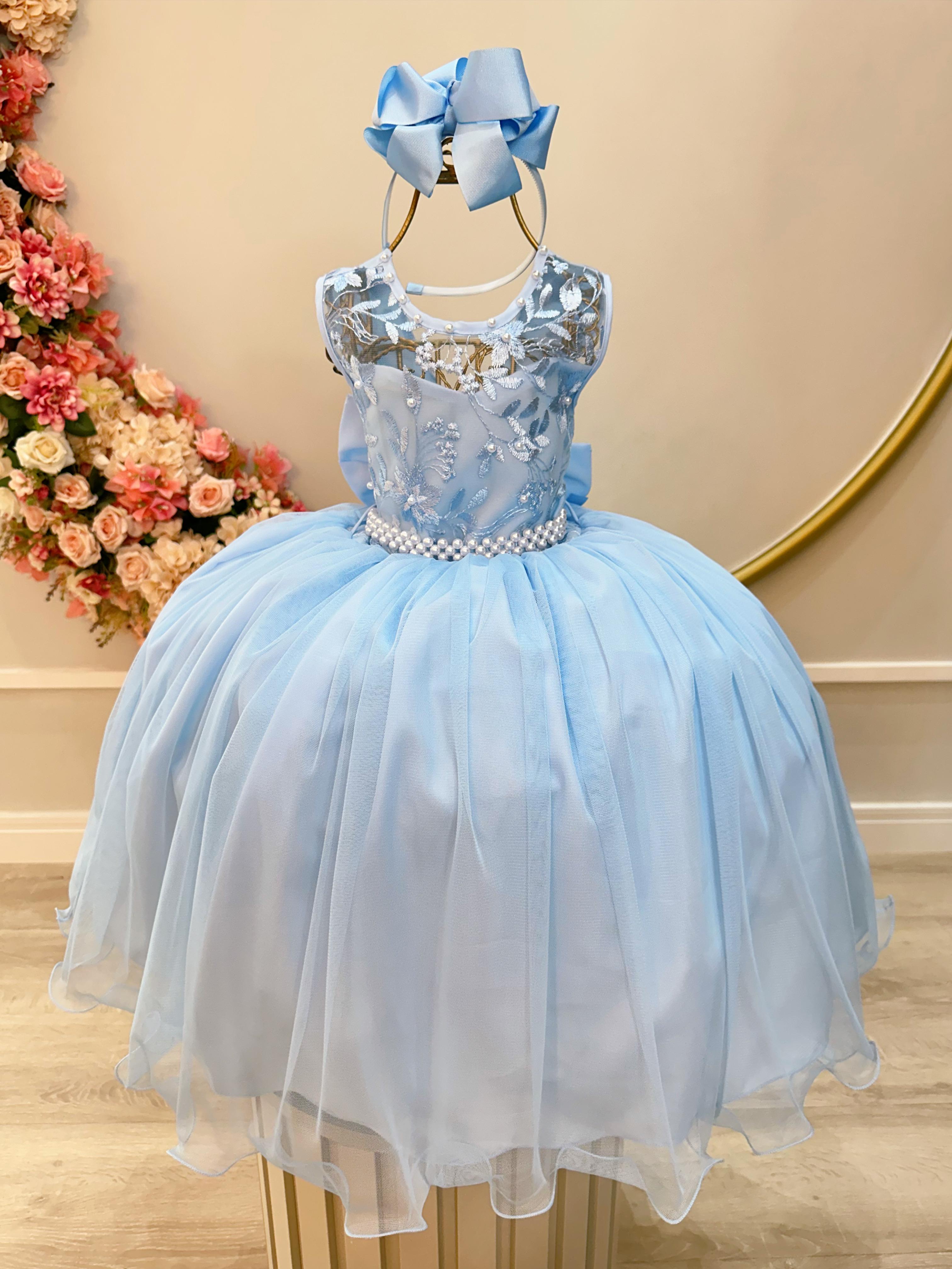 Vestido Infantil Azul Claro C/ Renda e Cinto de Pérolas