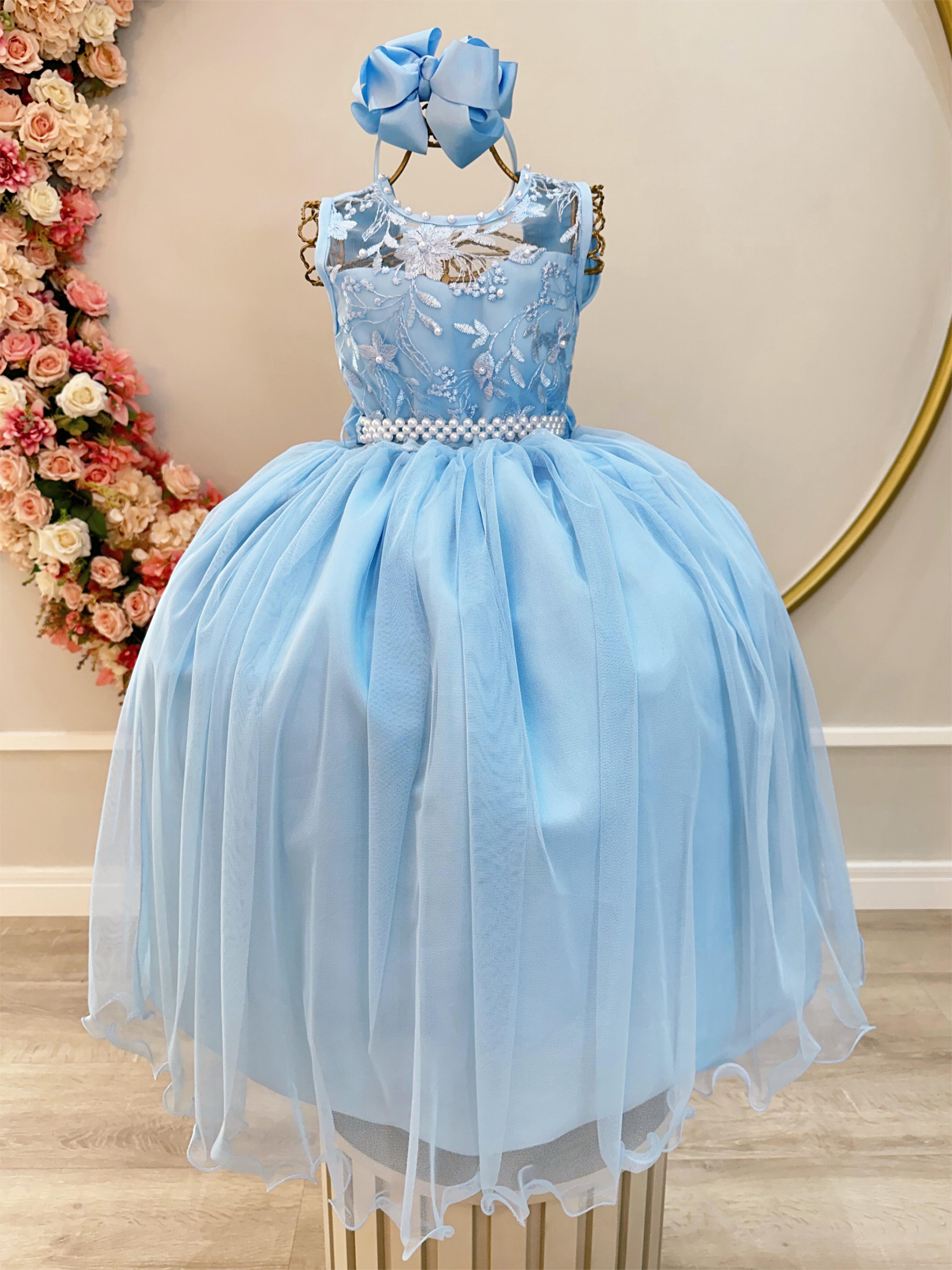 Vestido Infantil Longo Azul Claro C/ Renda e Pérolas Damas