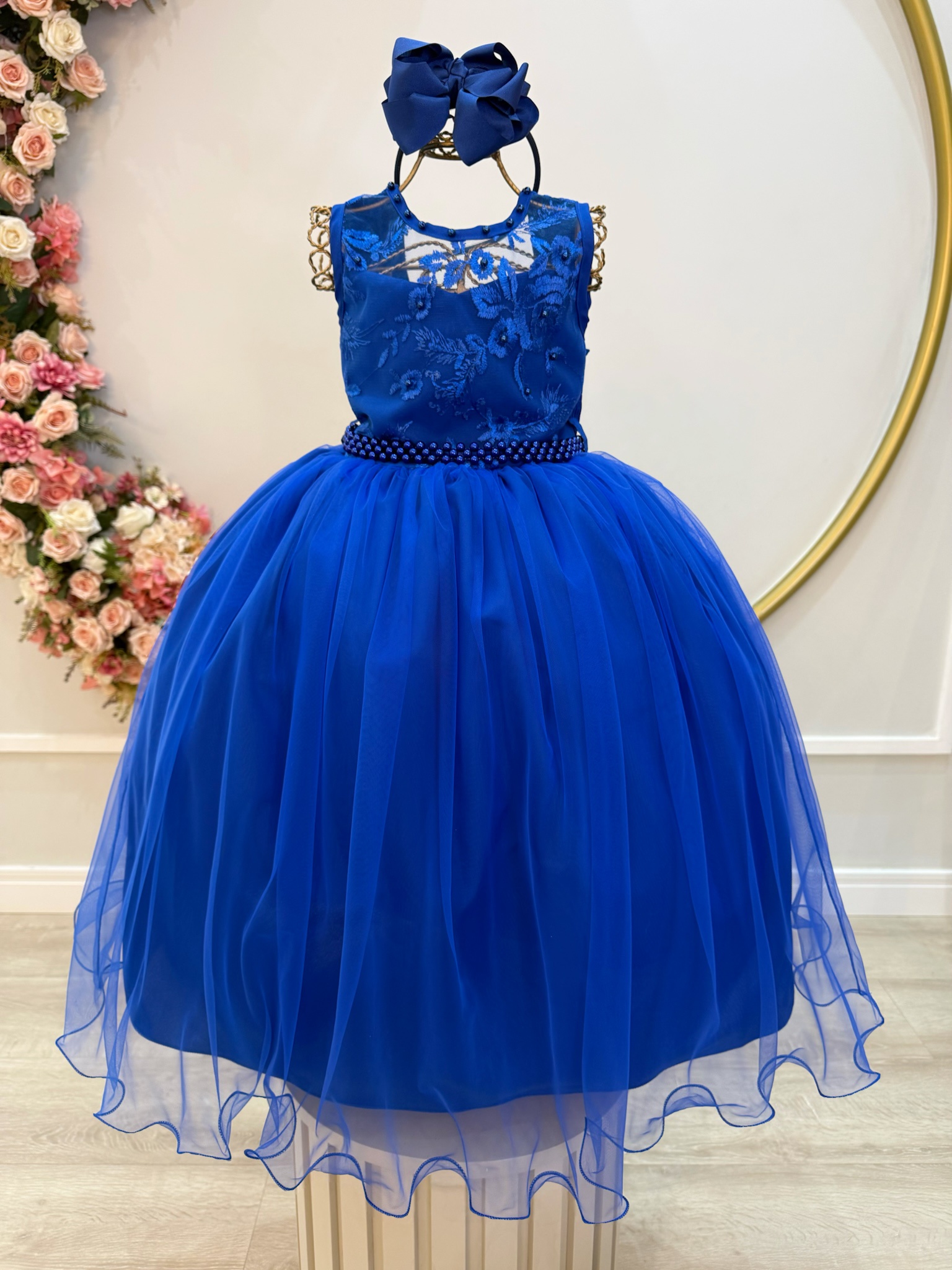 Vestido Infantil Longo Azul Royal C/ Renda Damas Formatura