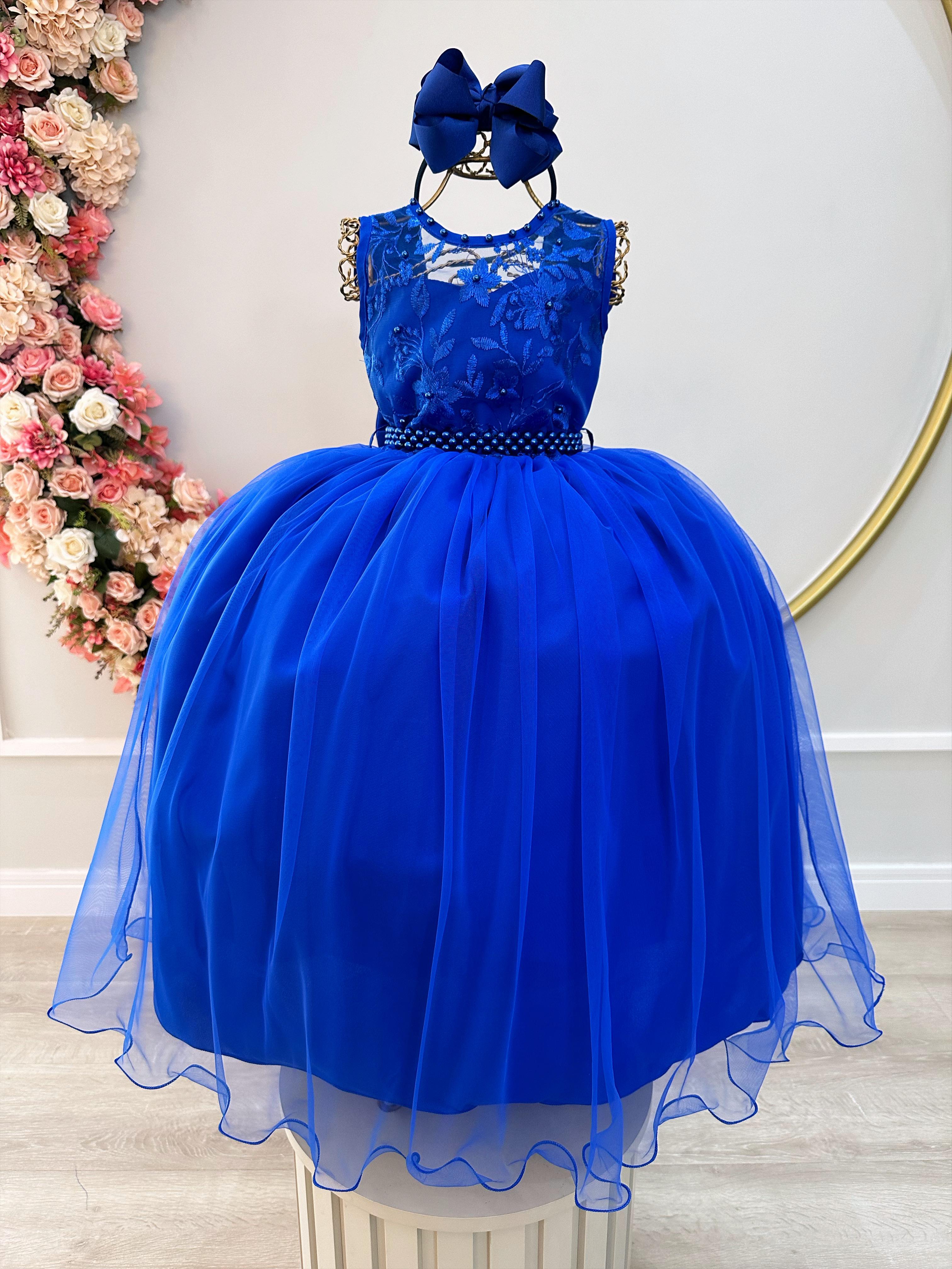 Vestido Infantil Longo Azul Royal C/ Renda e Pérolas Damas