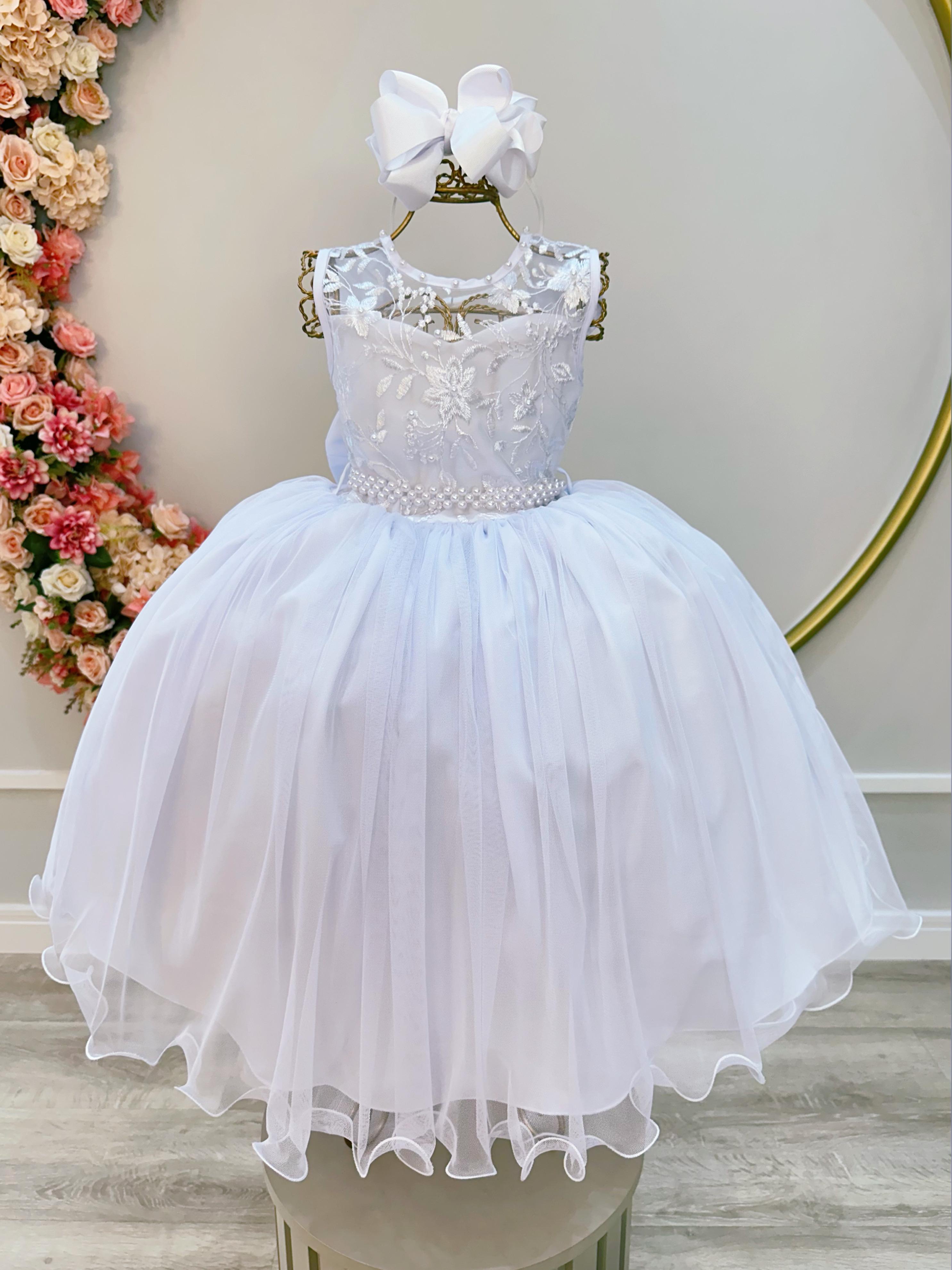 Vestido Infantil Branco C/ Renda e Cinto de Pérolas