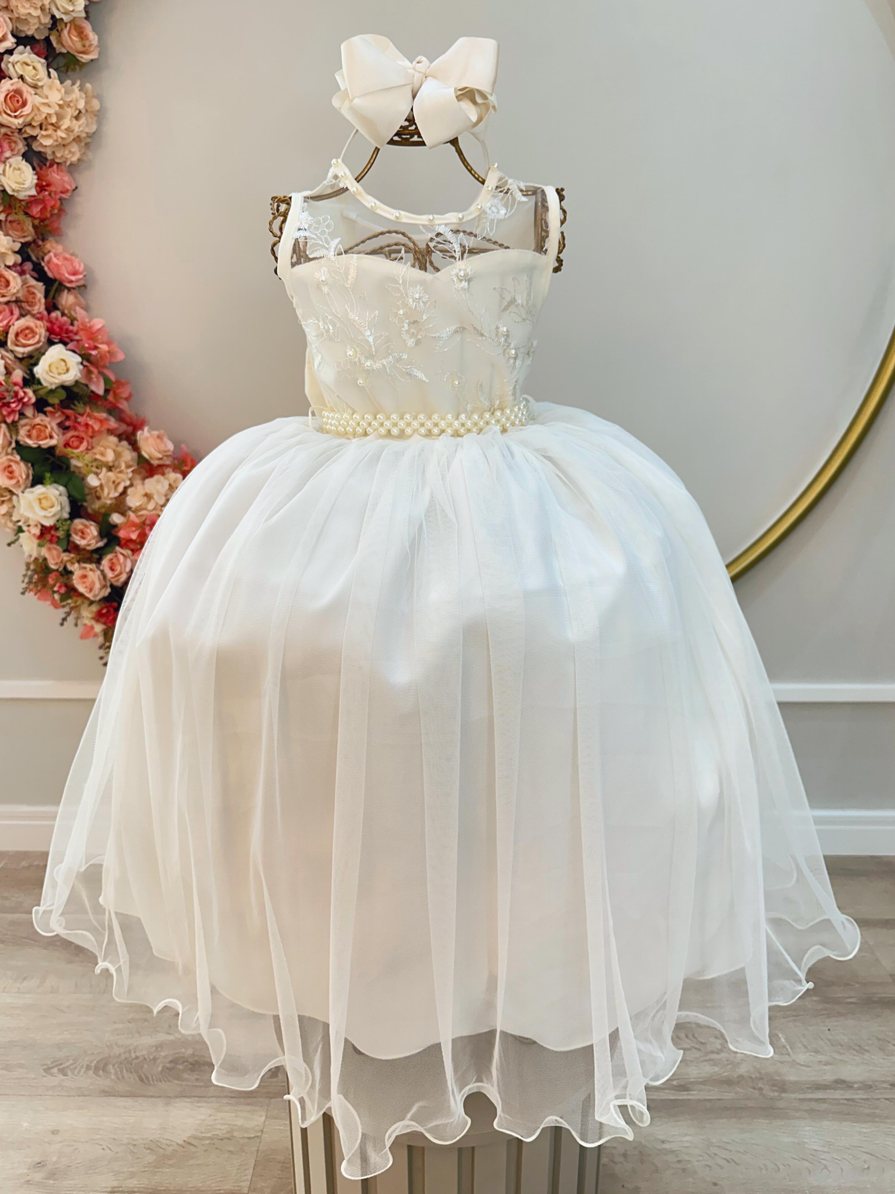 Vestido Infantil Longo Marfim C/ Renda e Pérolas Damas