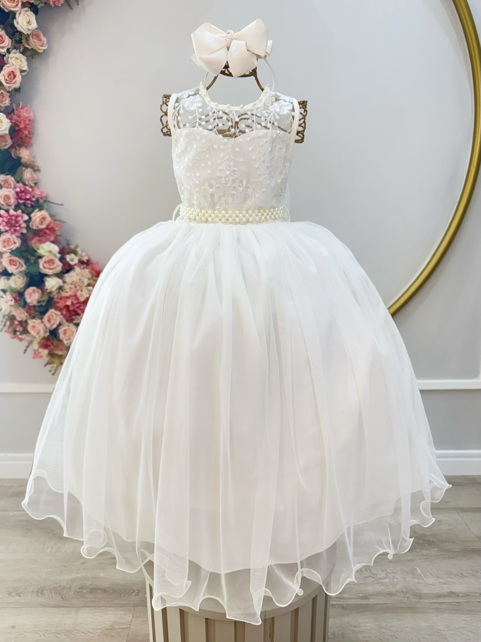 Vestido Infantil Longo Off White C/ Renda e Pérolas Damas Luxo